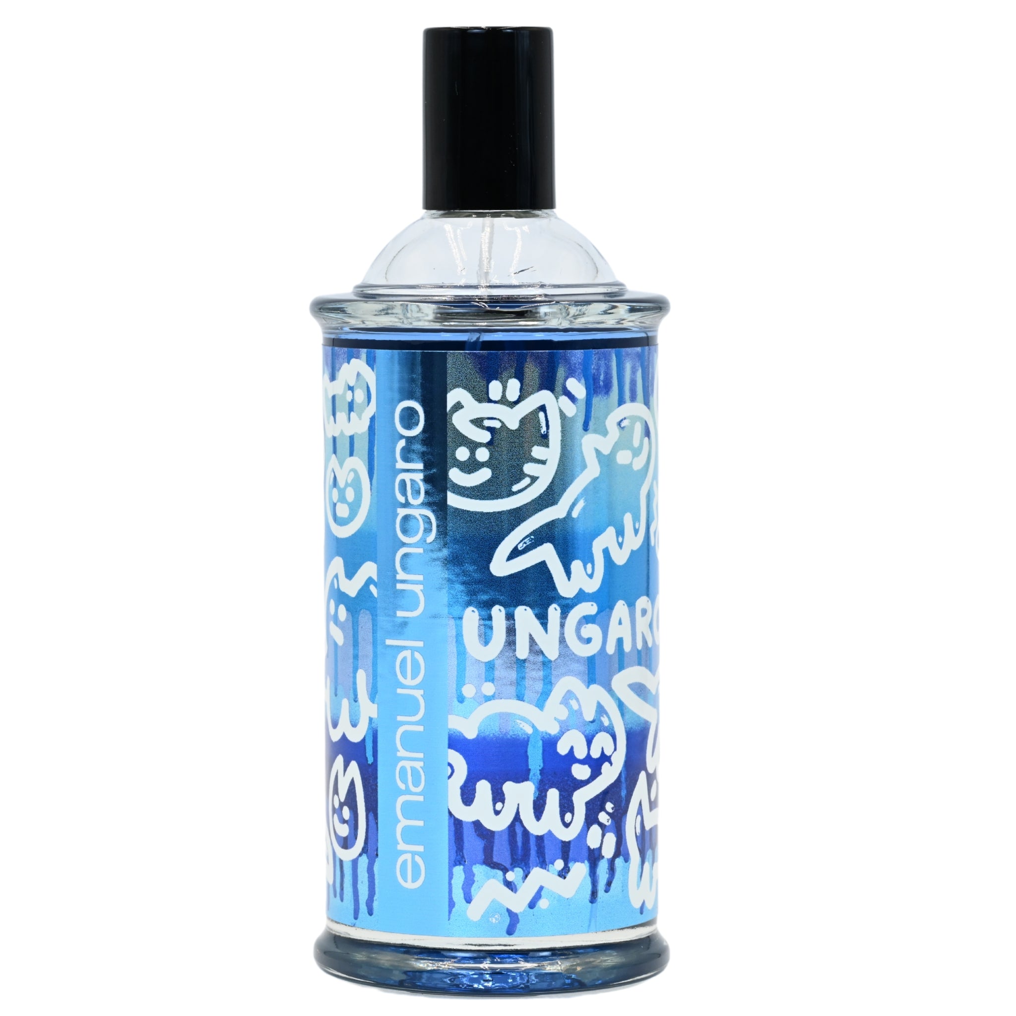 Perfume bottle with blue label featuring brand name on a white background