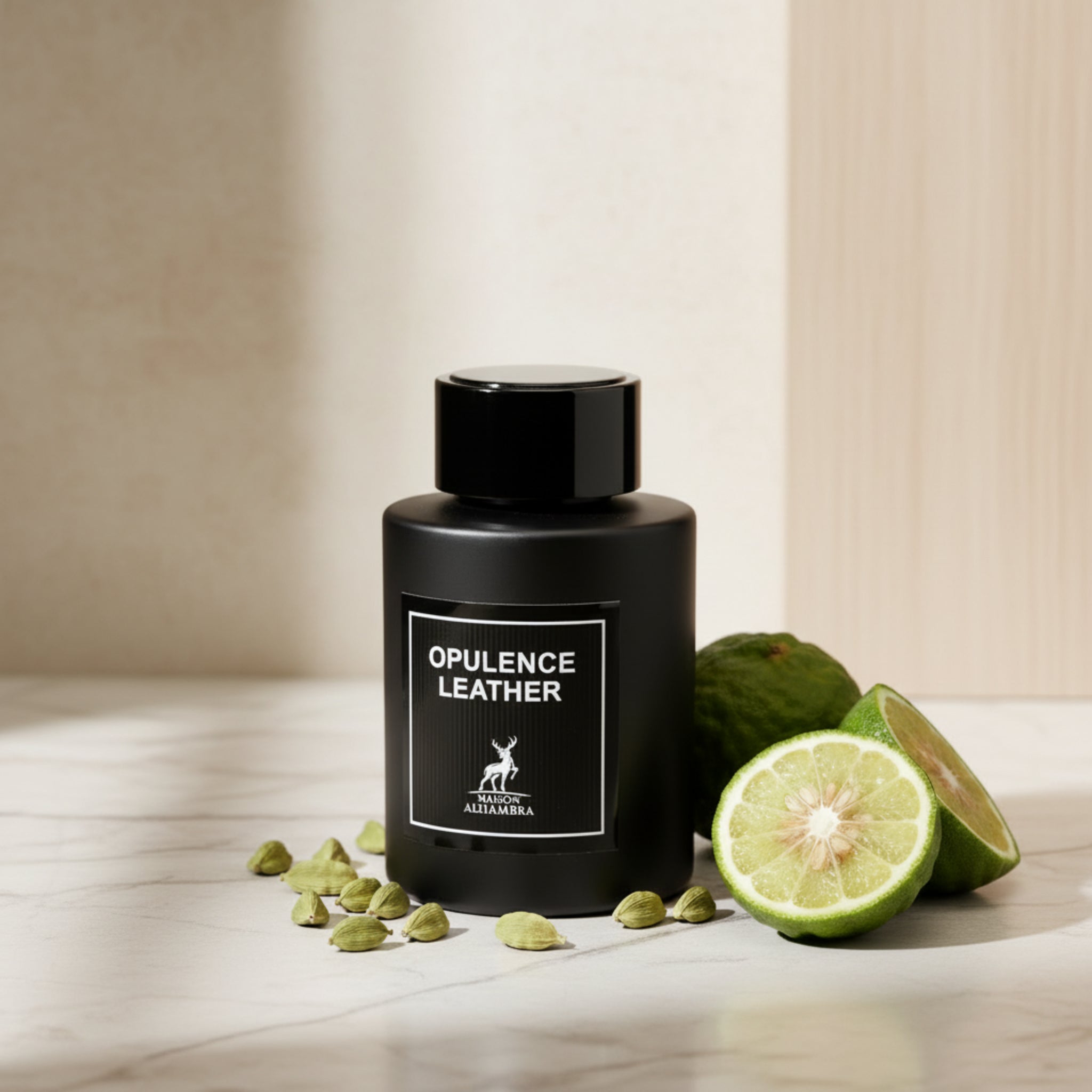 Black perfume bottle labeled 'Opulence Leather' on a white background