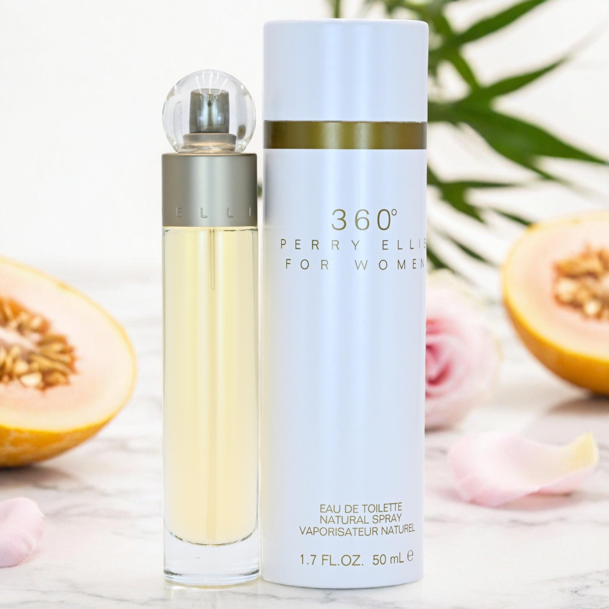 Perry Ellis 360° perfume bottle for women with melon and flower background