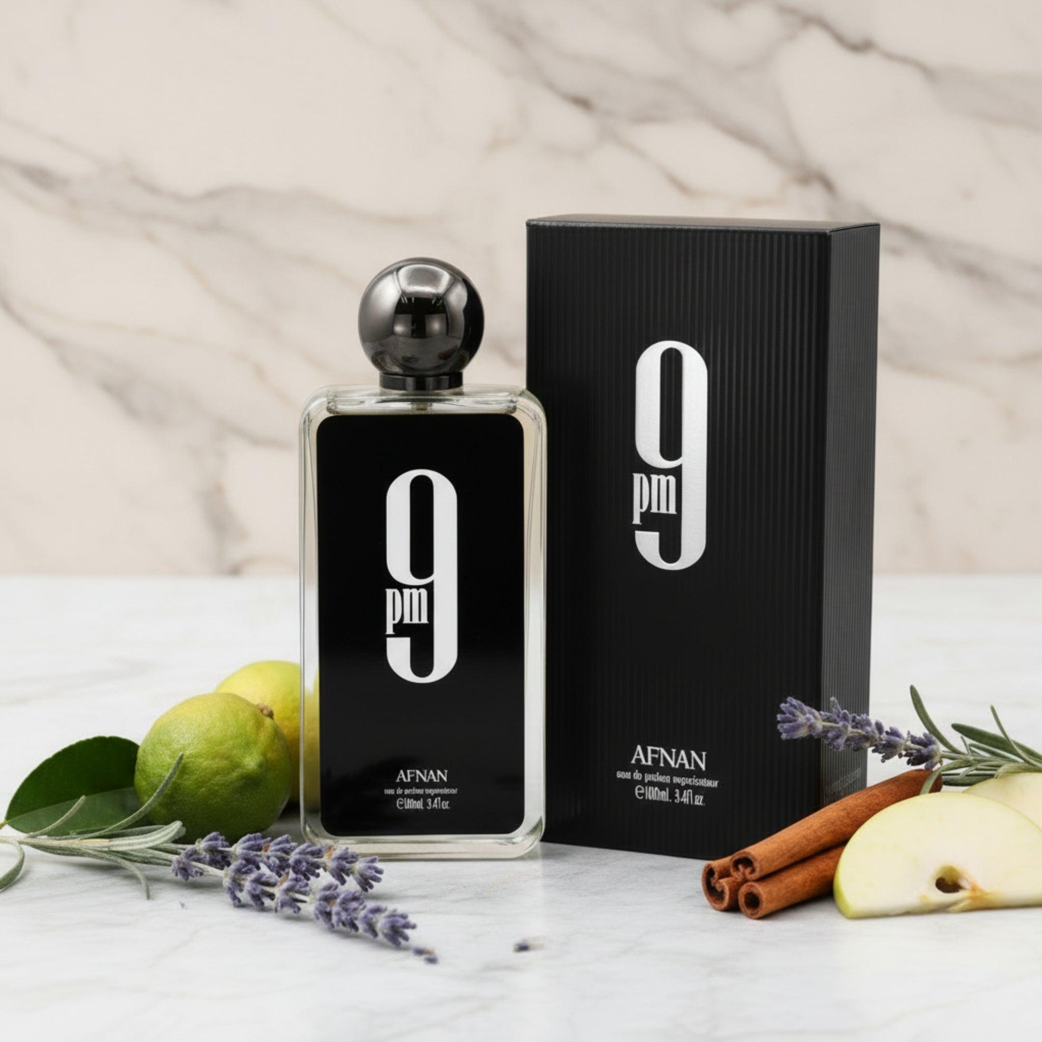 Afnan perfume bottle and packaging with '9' design on a white background