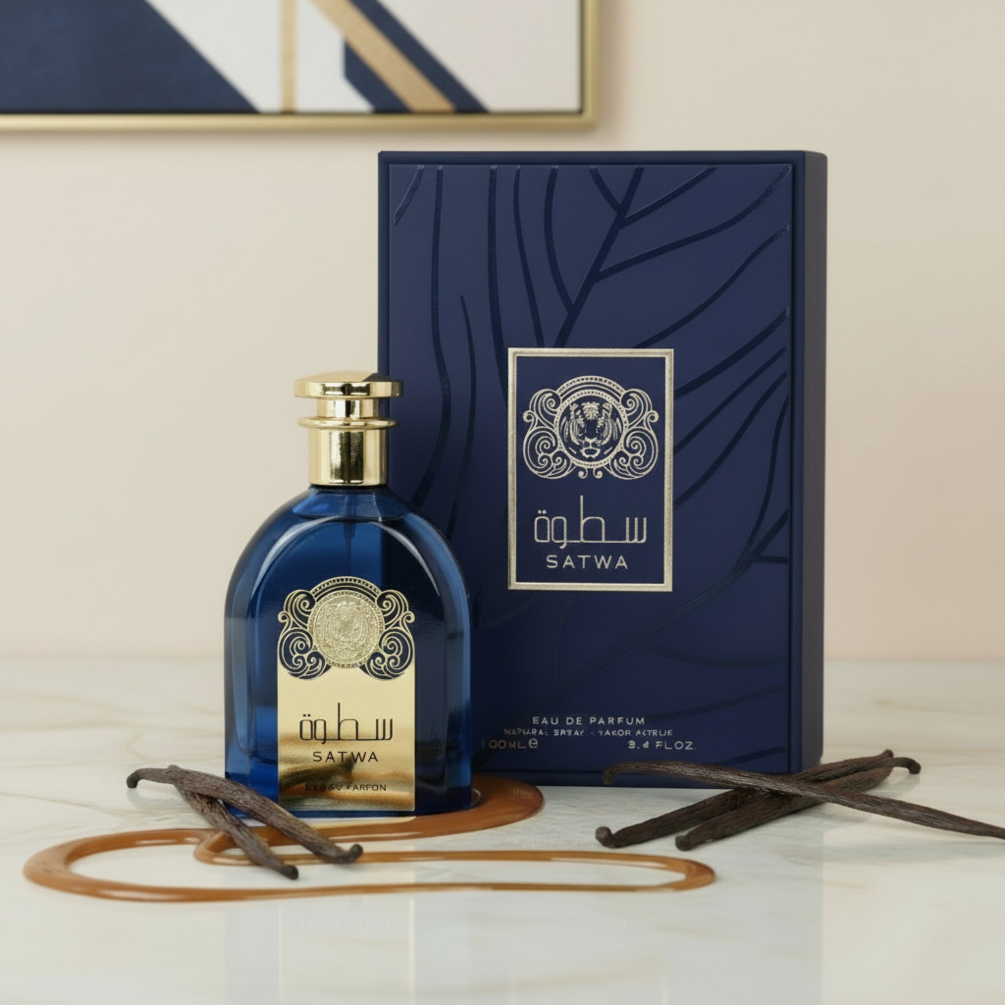 Blue Satwa perfume bottle and packaging on a white background