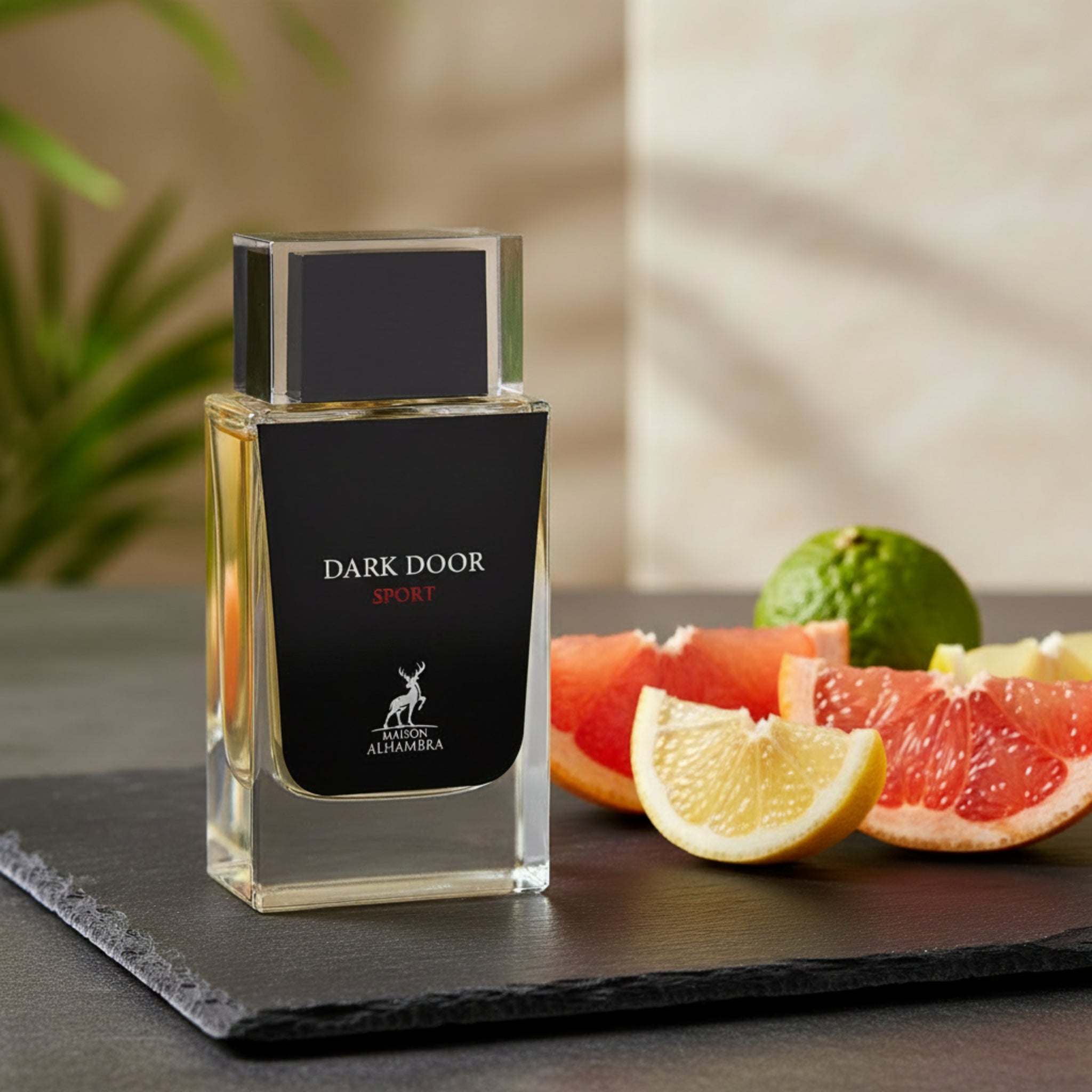Perfume bottle labeled 'Dark Door Sport' by Alhambra on a white background
