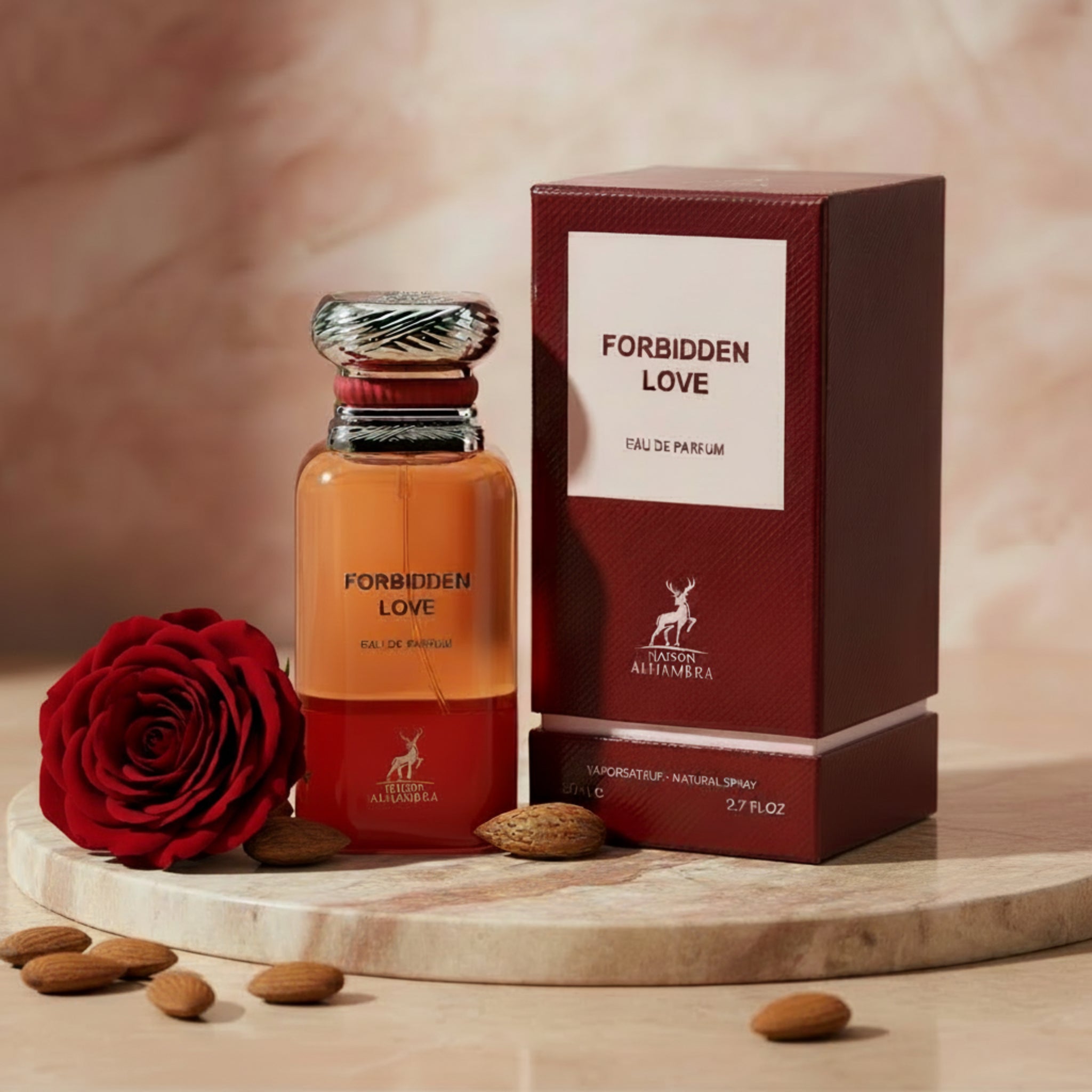 Perfume bottle and packaging of 'Forbidden Love' by Alhambra on a white background