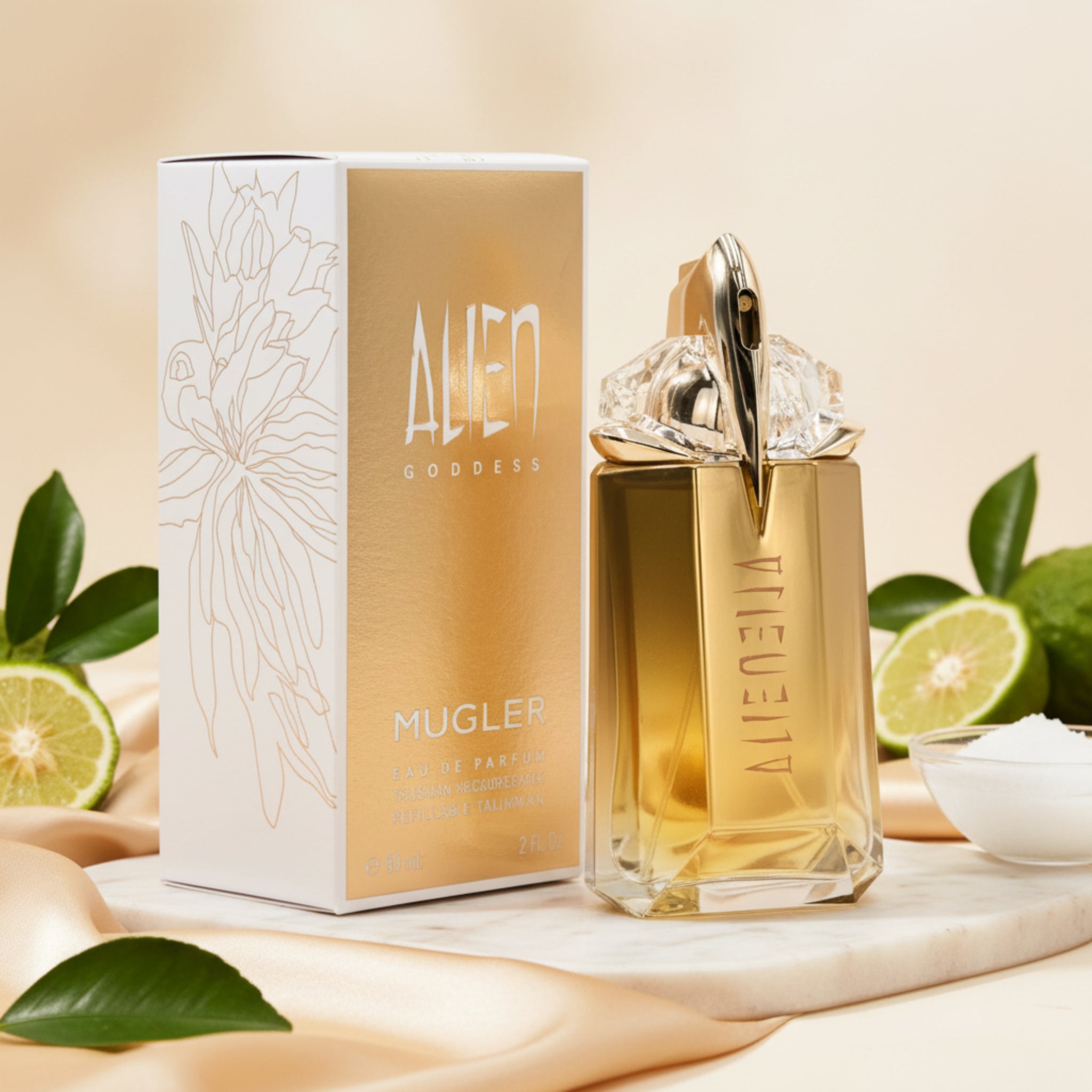 Mugler Alien Goddess perfume bottle and packaging on a white background