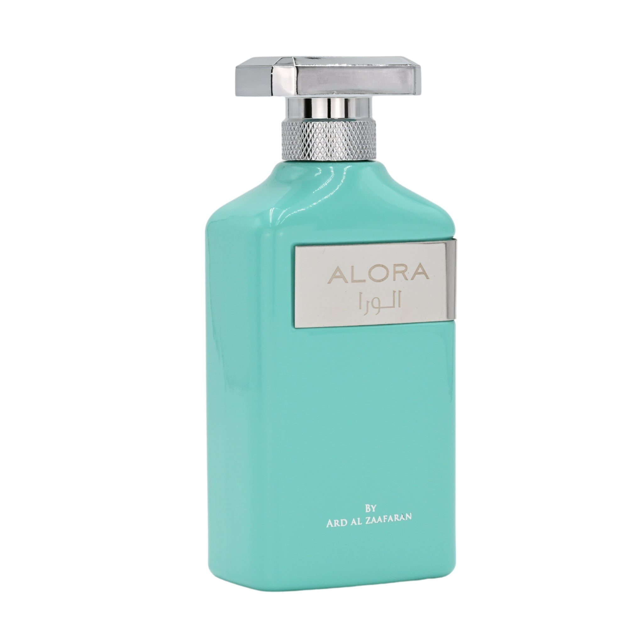 Turquoise perfume bottle with silver cap on a white background