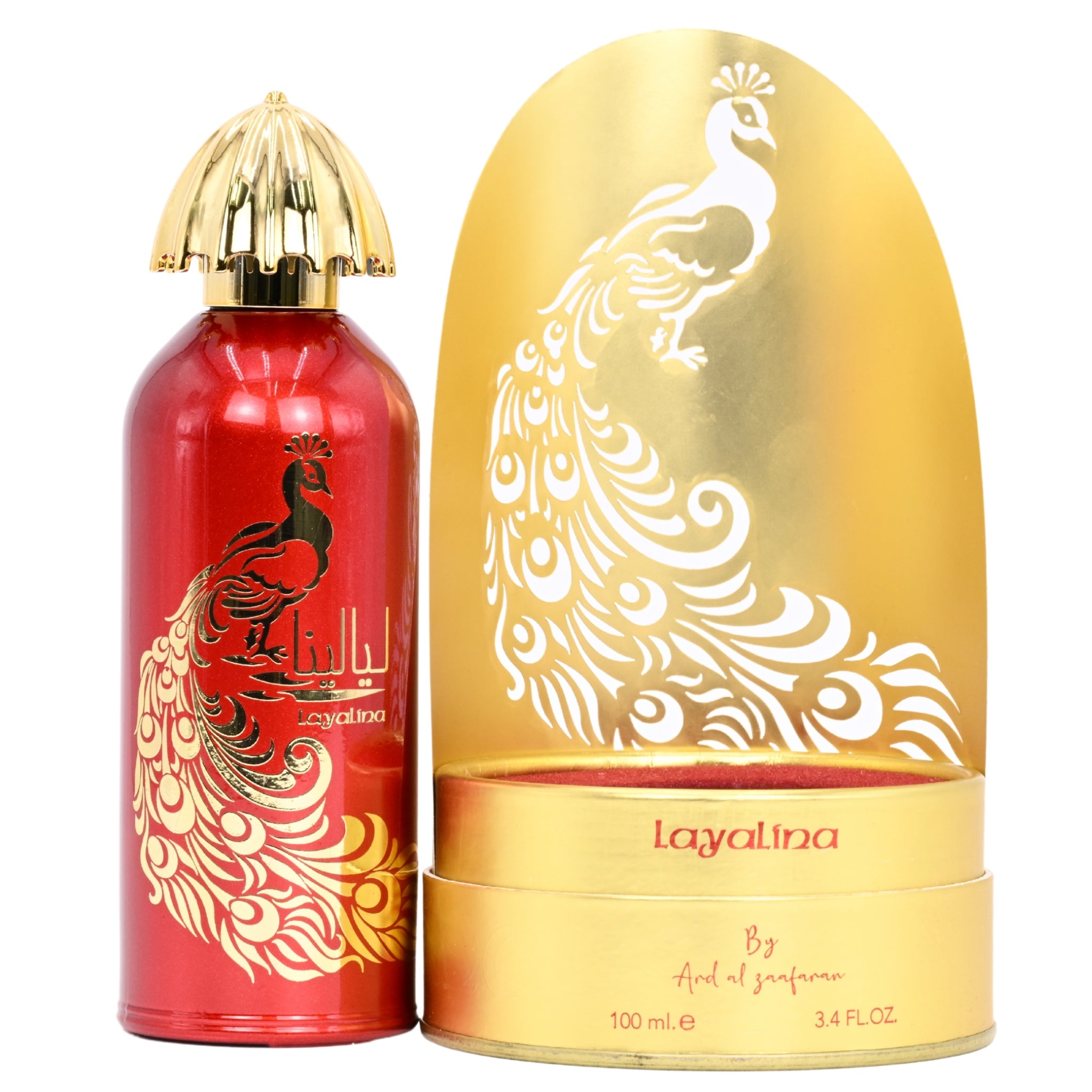 Red and gold Layalina perfume bottle with peacock design on a white background