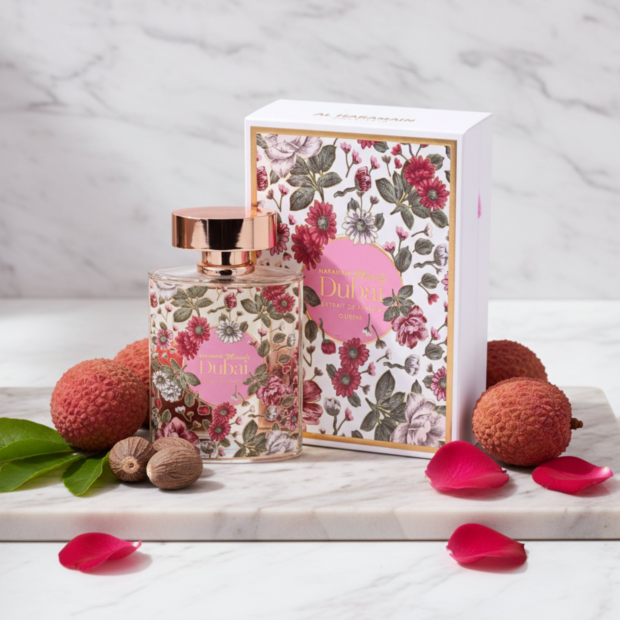 Floral perfume bottle and packaging with 'Dubai' branding on a white background
