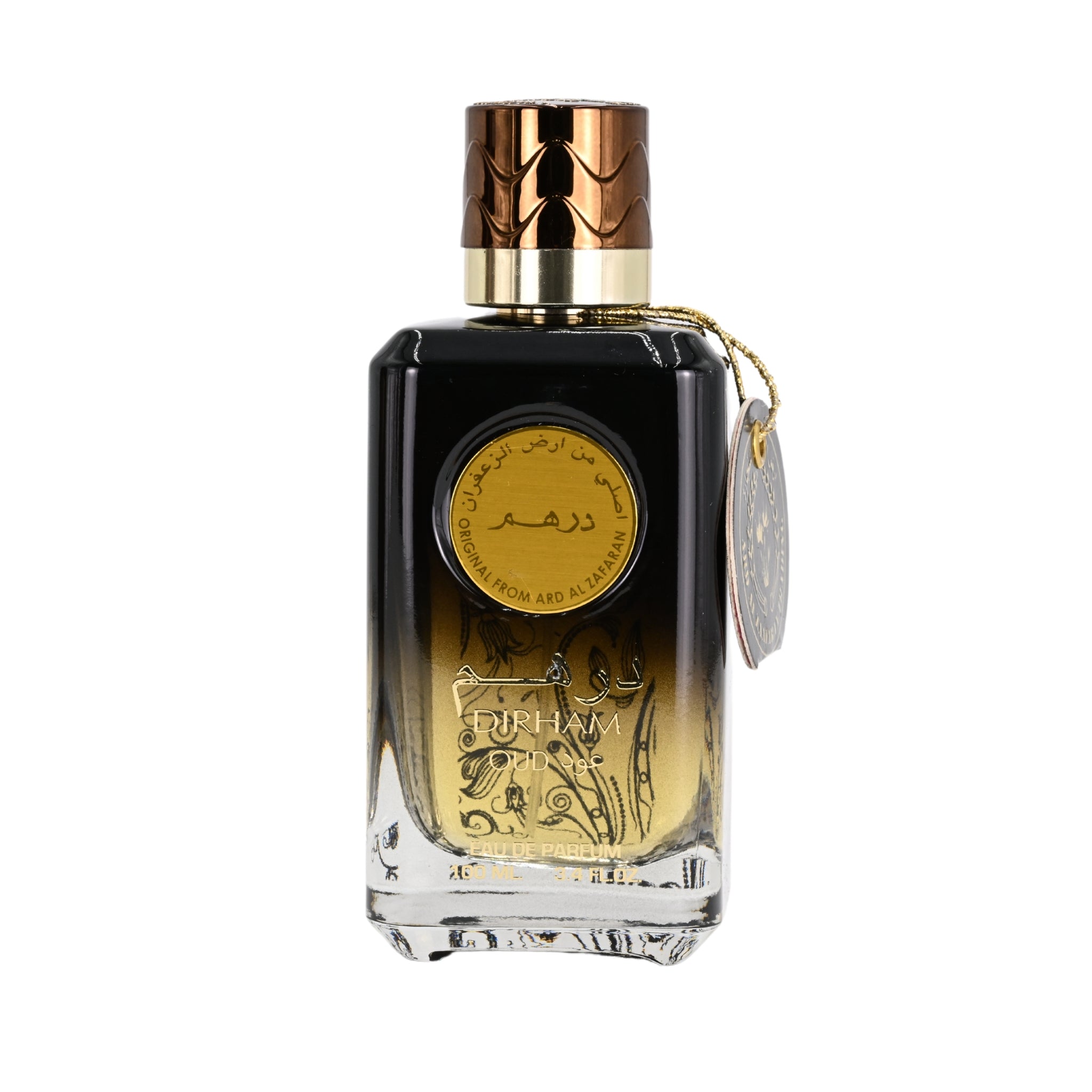 Perfume bottle with gold cap and label on a white background