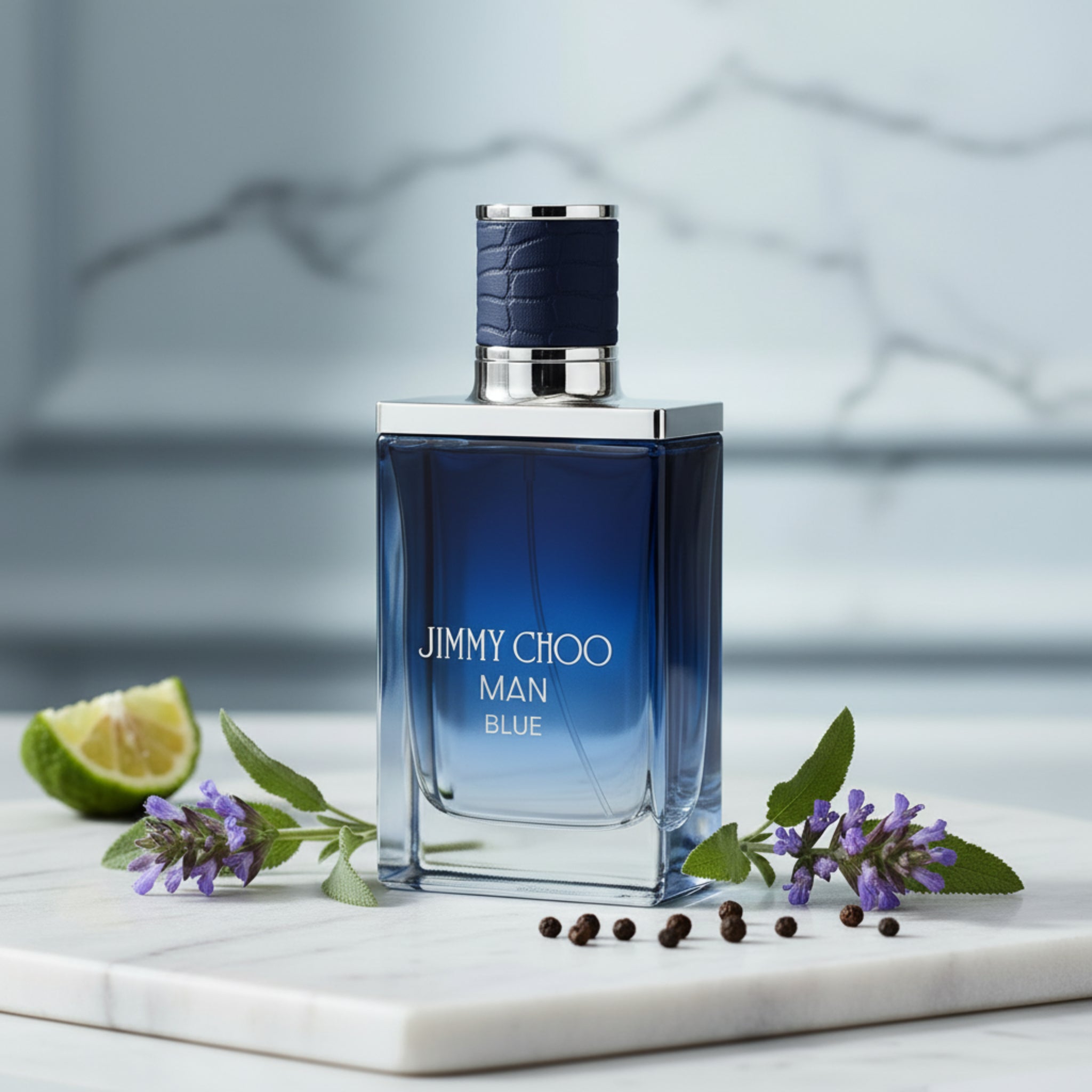 Jimmy Choo Man Bleu perfume bottle on a white background