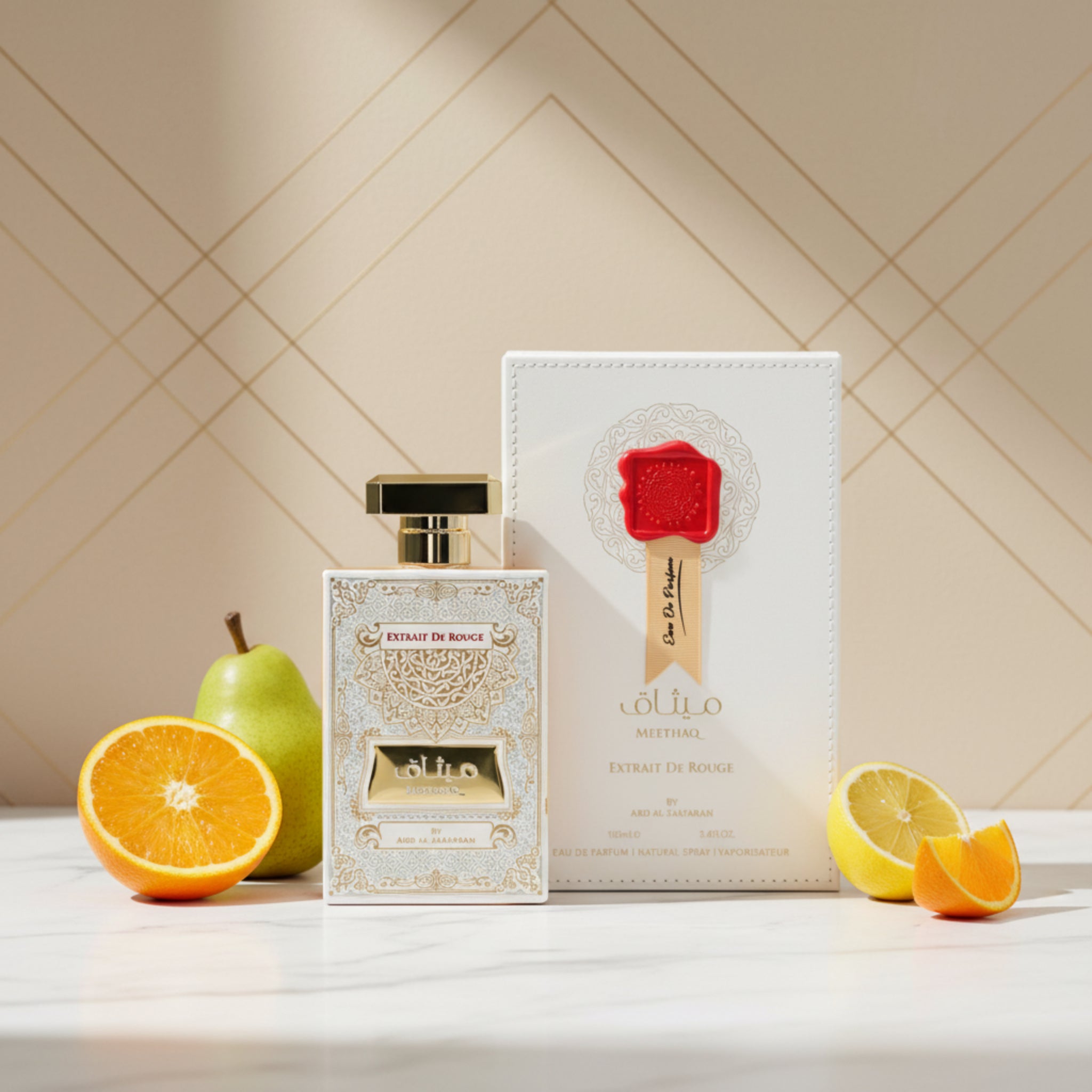 Perfume bottle and packaging with gold and red design on a white background