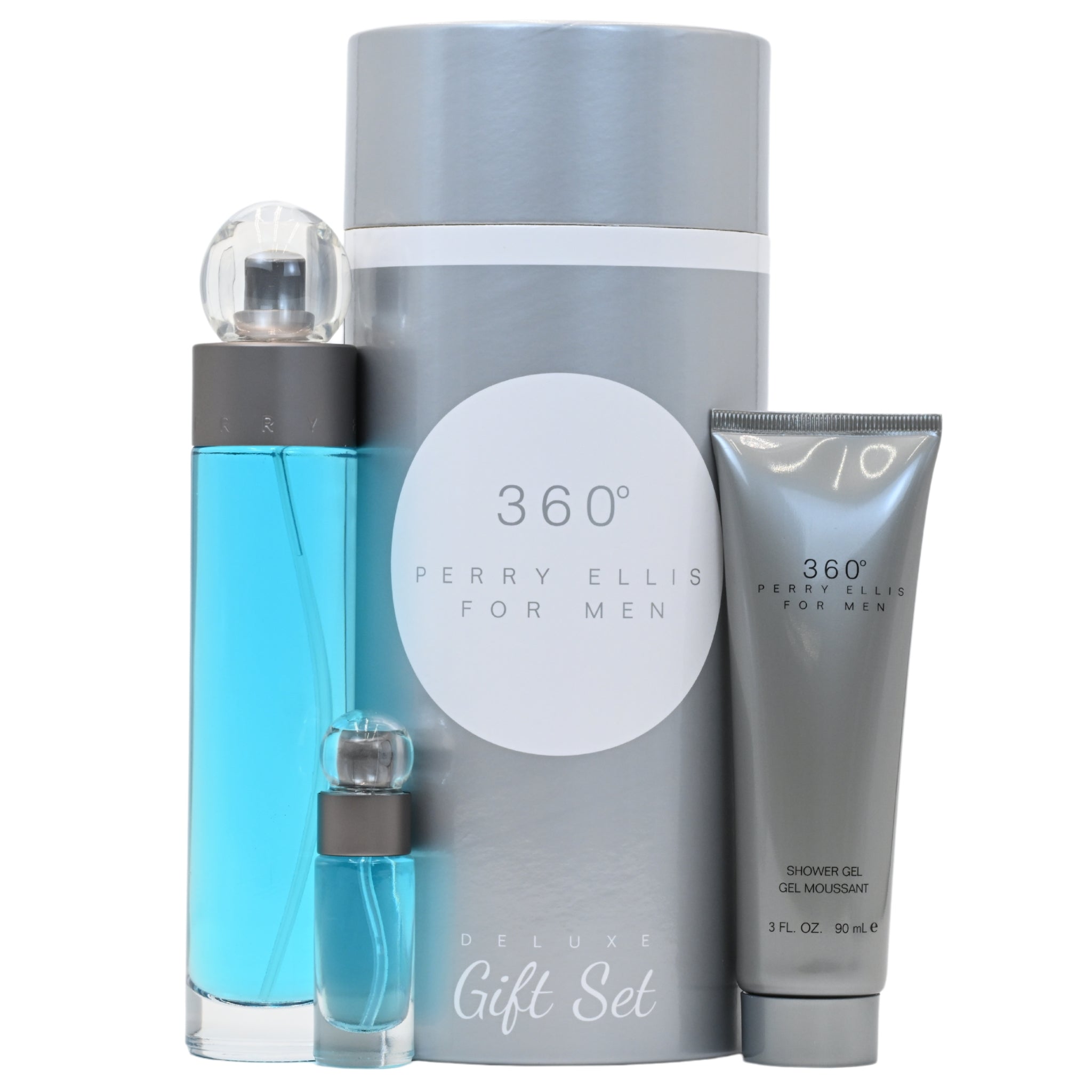 Perry Ellis 360° men's fragrance gift set with blue bottle, gray container, and shower gel on a white background