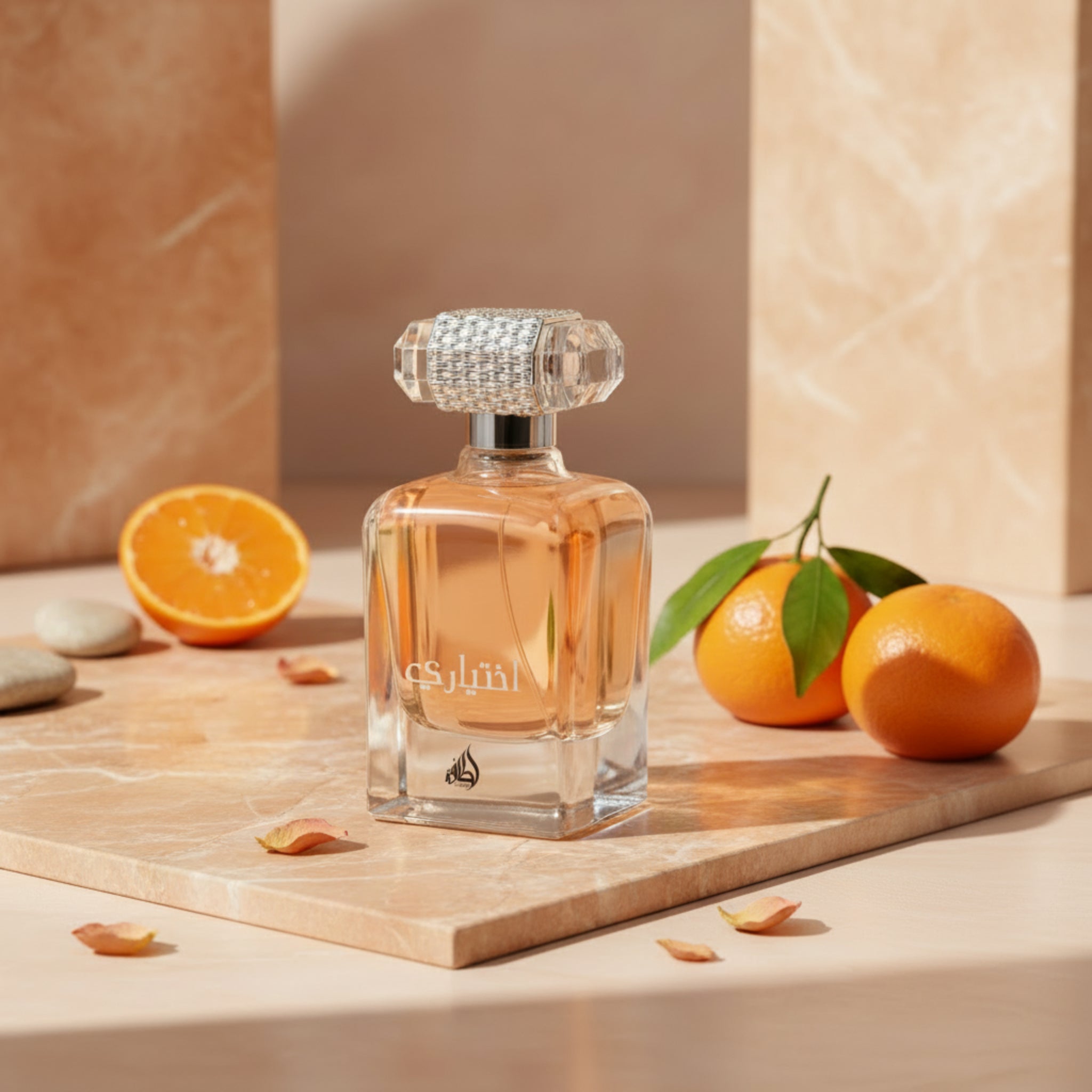 Perfume bottle with decorative cap on a white background