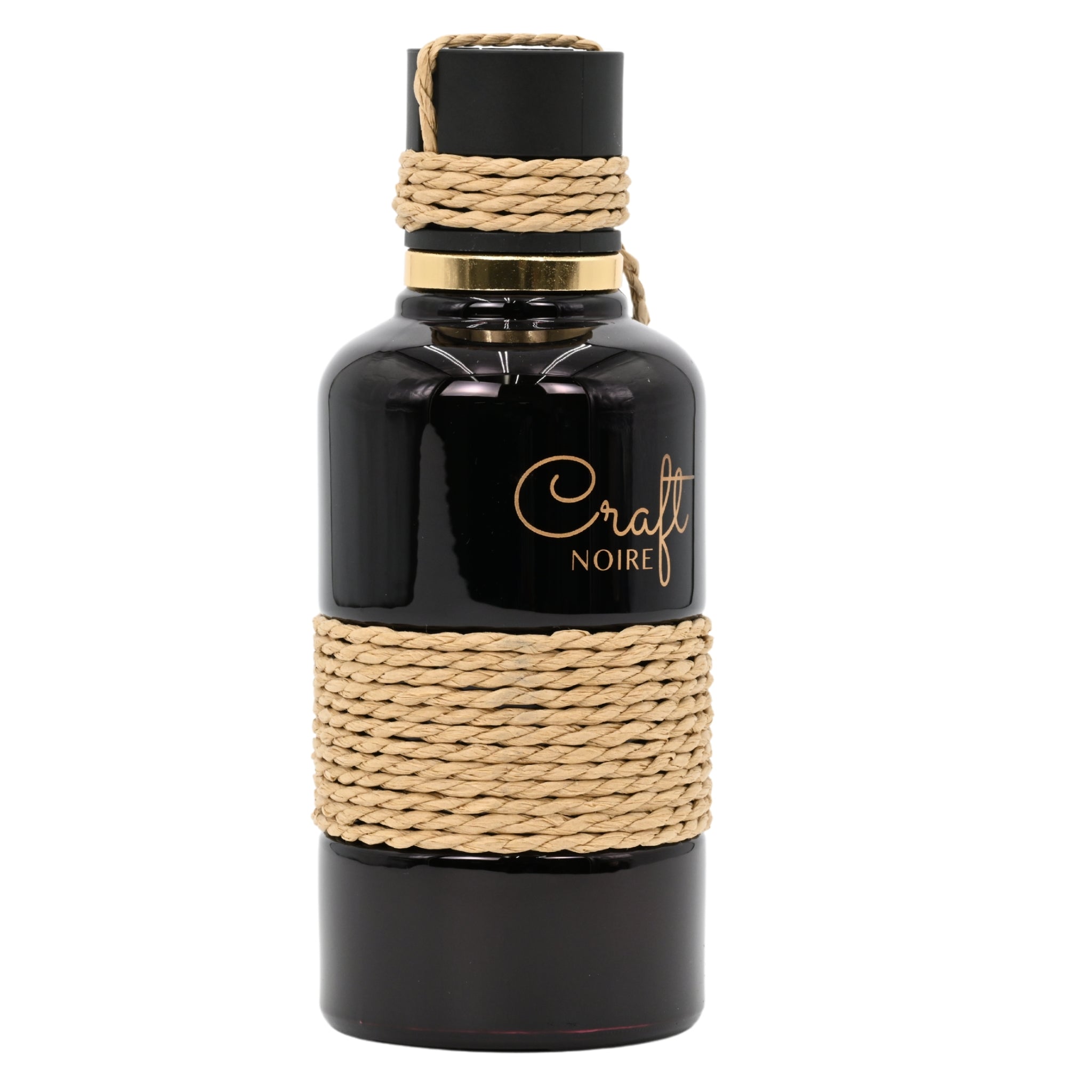 Black bottle with jute wrap and 'Craft Noire' branding on a white background