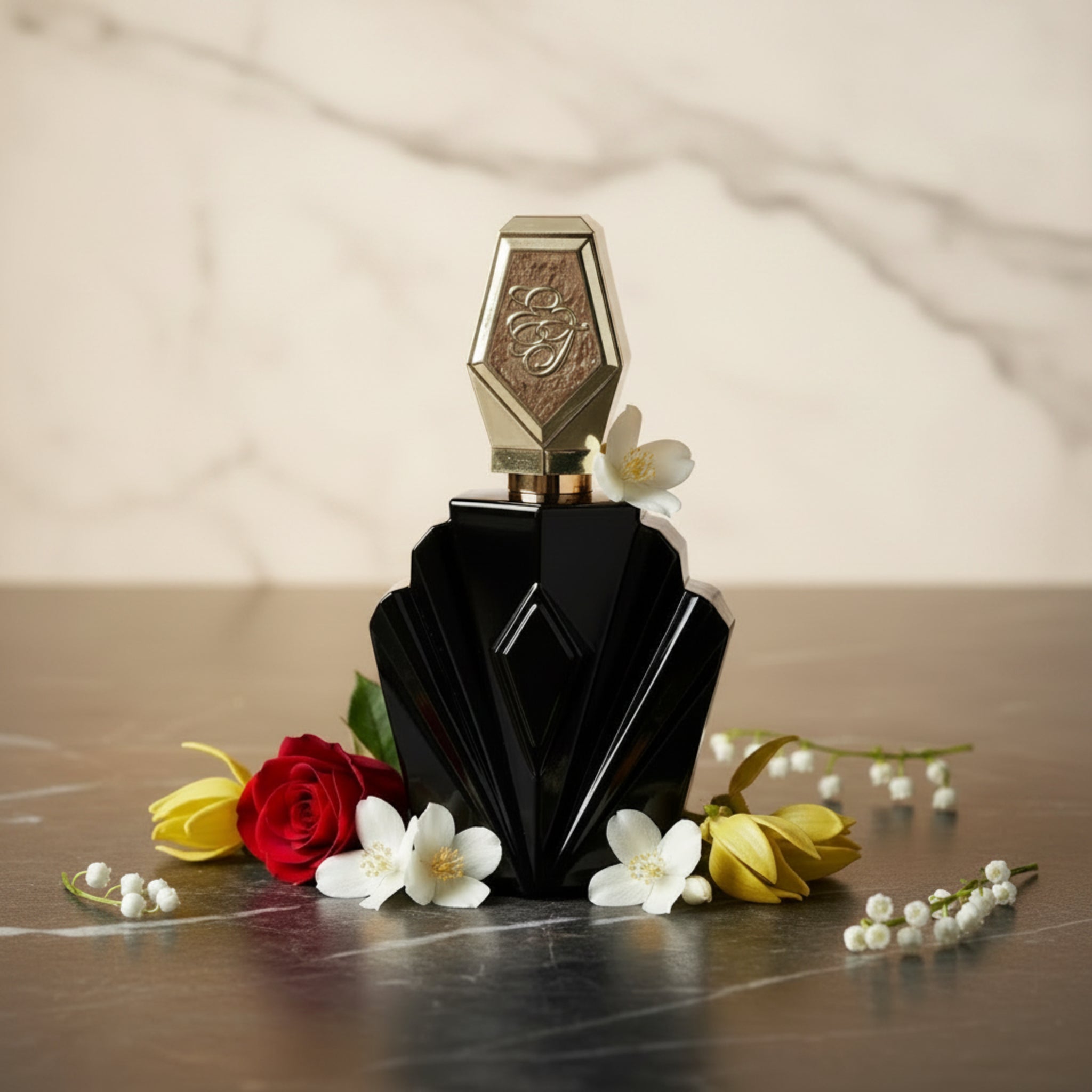 Black and gold perfume bottle on a white background