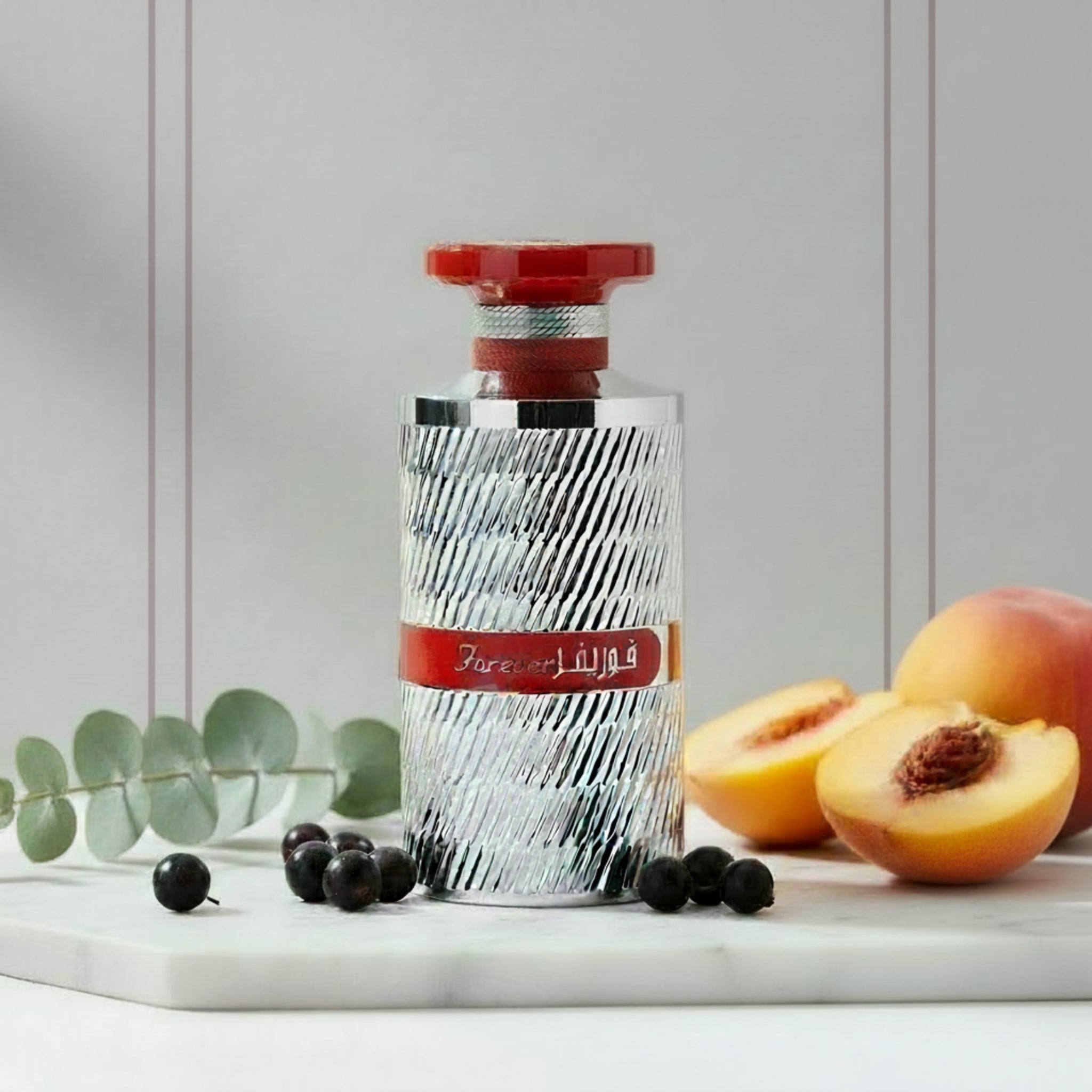 Decorative bottle with red and silver design on a white background