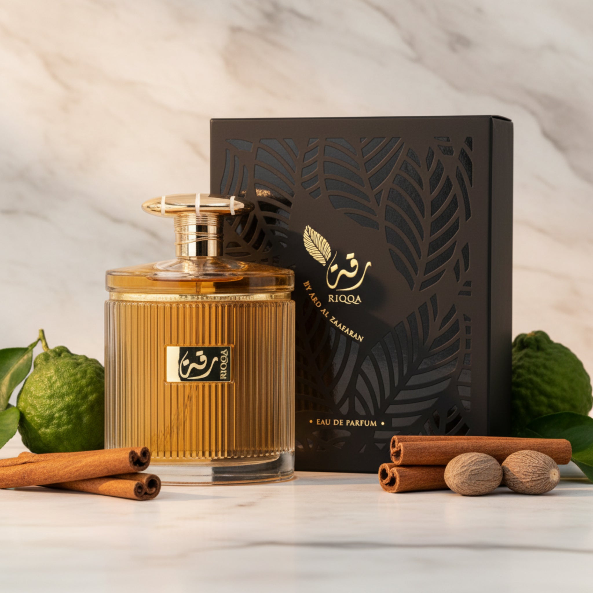 Perfume bottle with black packaging featuring Riqqa branding on a white background