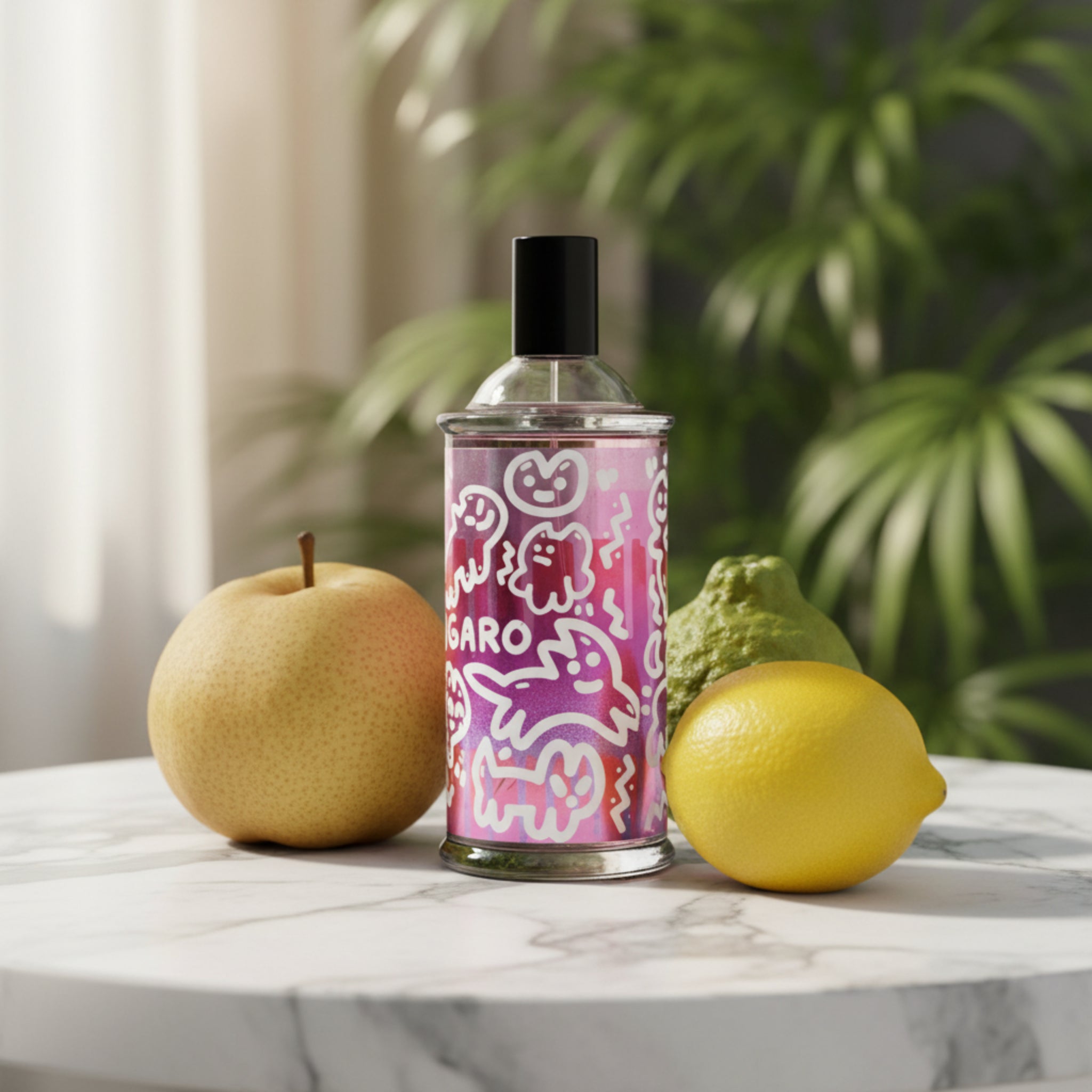 Perfume bottle with pink and white design on a white background