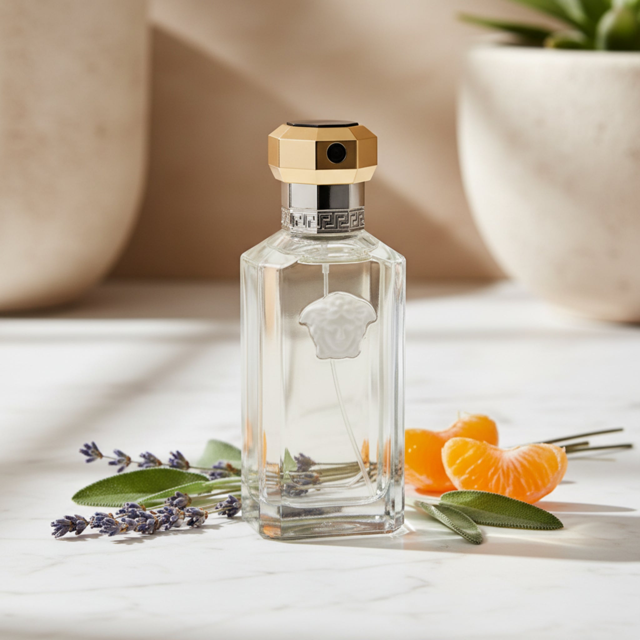 Clear glass perfume bottle with gold and black cap on a white background