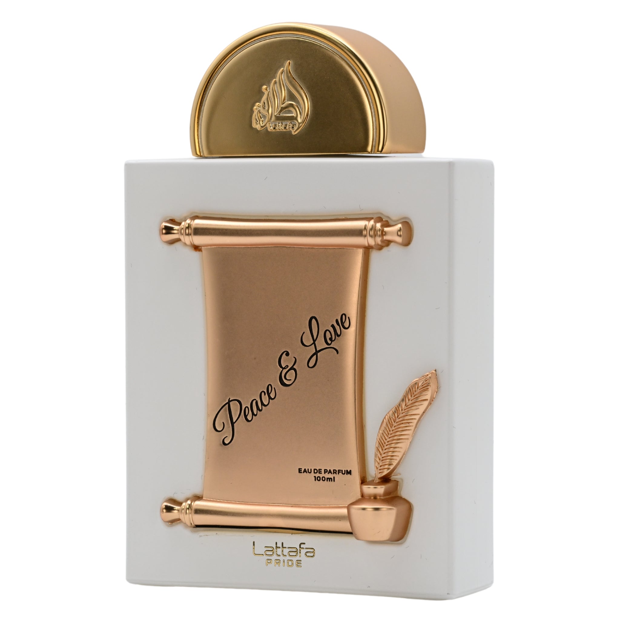 Lattafa perfume bottle with gold accents and 'Peace & Love' text on a white background