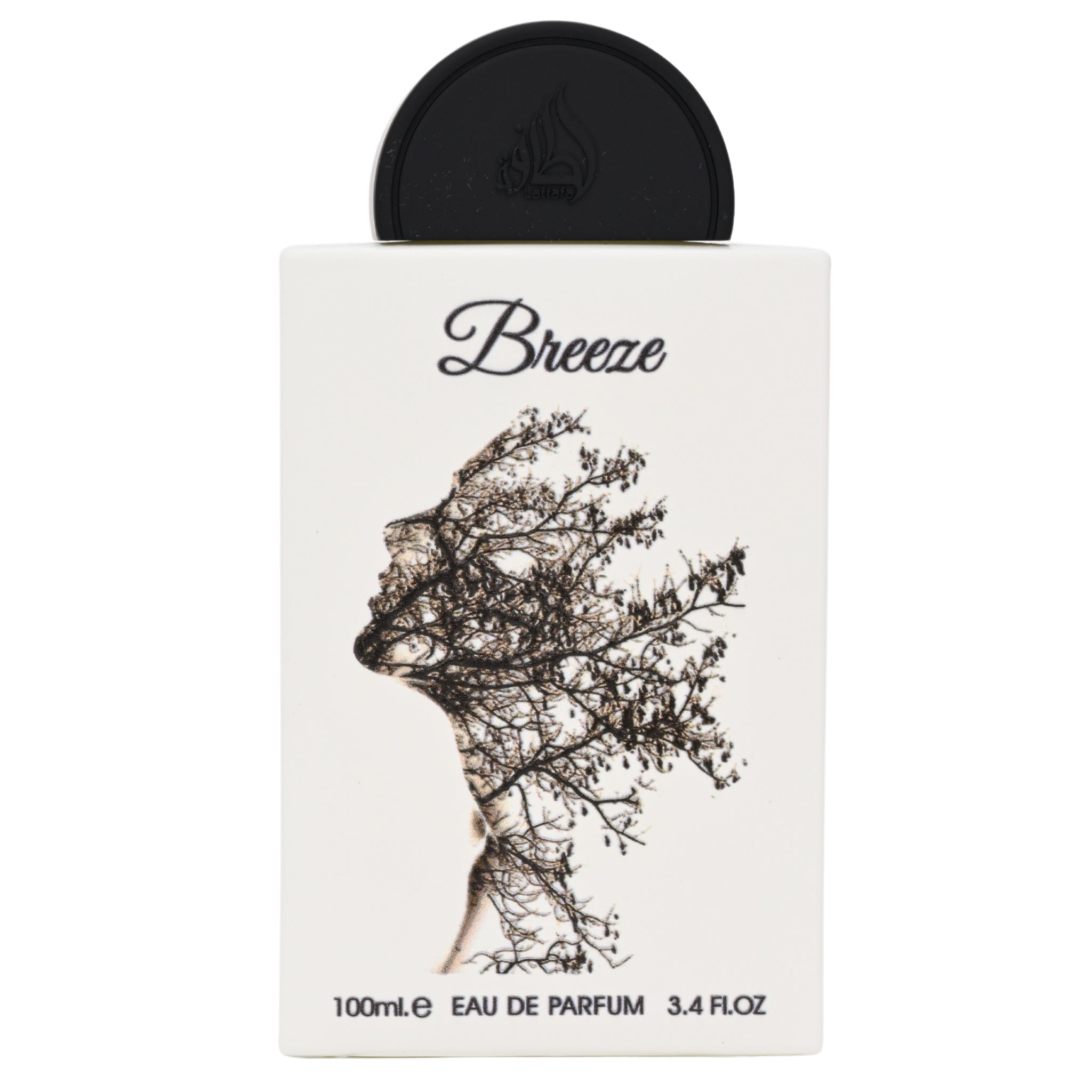 Perfume bottle labeled 'Breeze' with a black cap on a white background