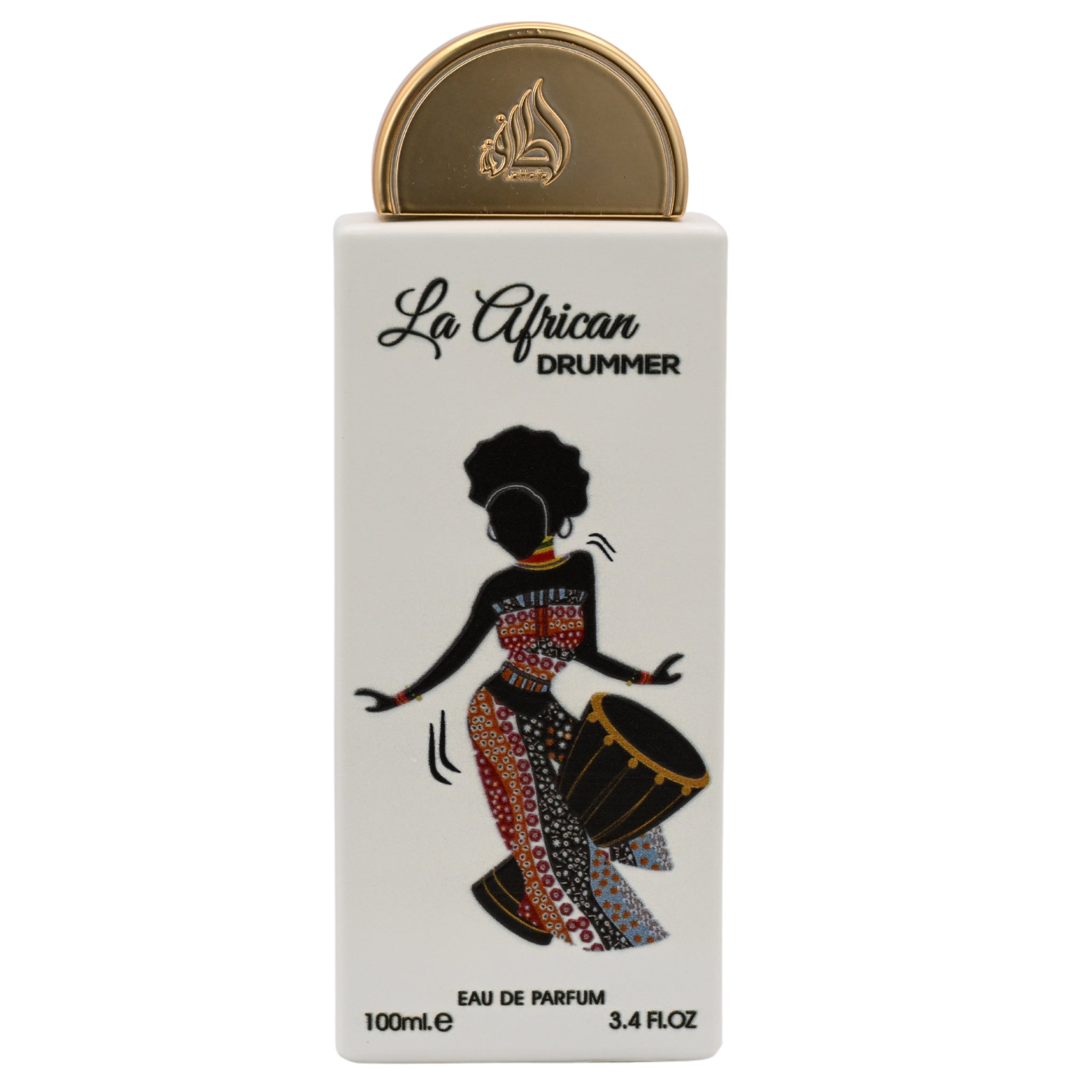 Perfume bottle labeled 'La African Drummer' with a design of a woman playing a drum on a white background.