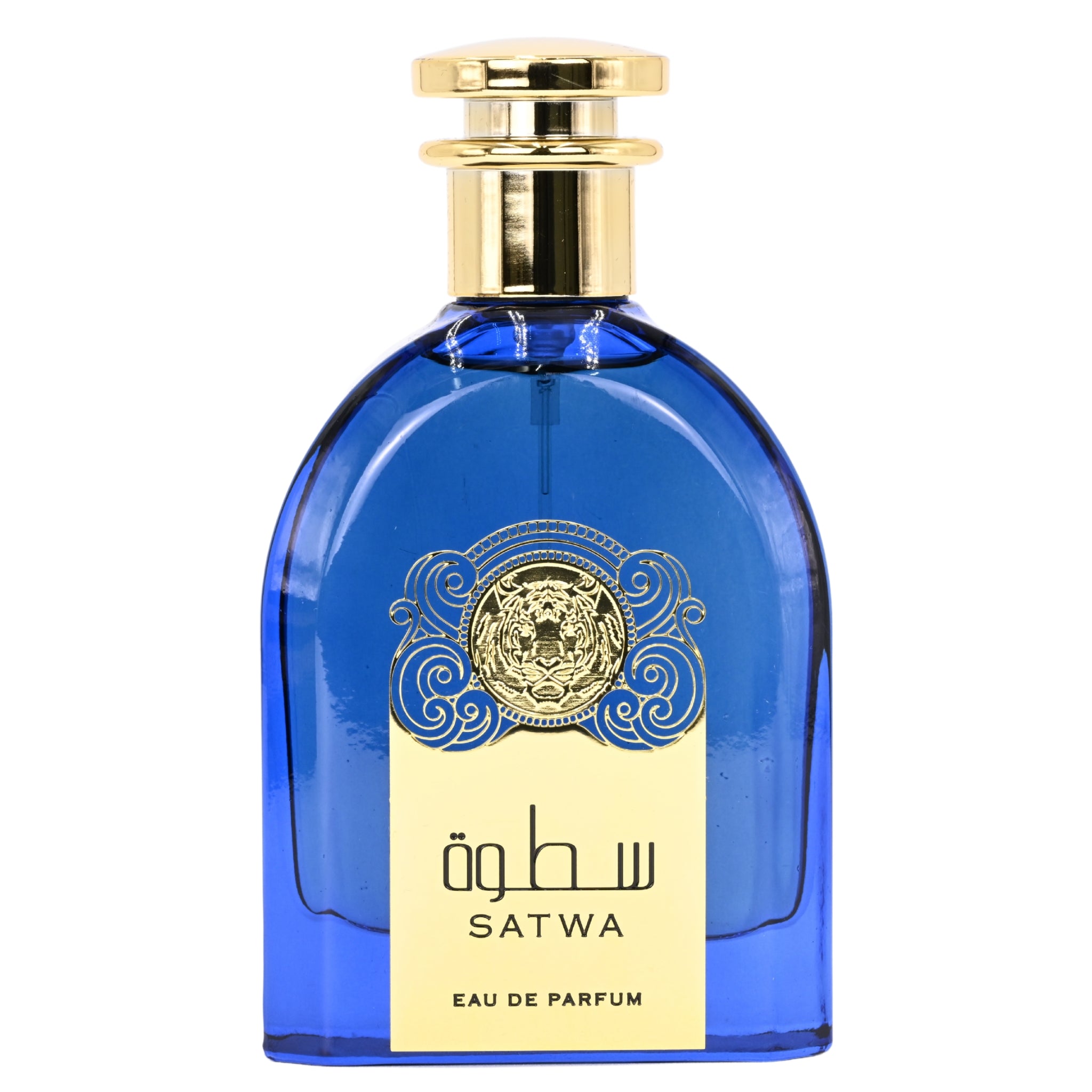 Blue perfume bottle with gold cap and label on a white background