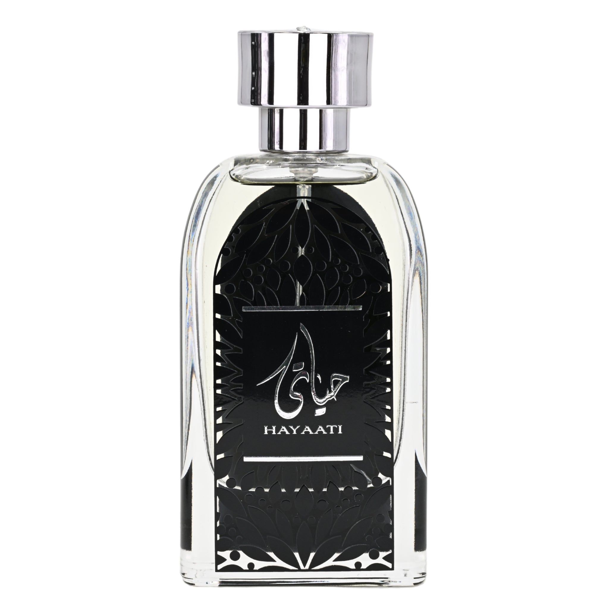 Perfume bottle with black label and silver cap on a white background