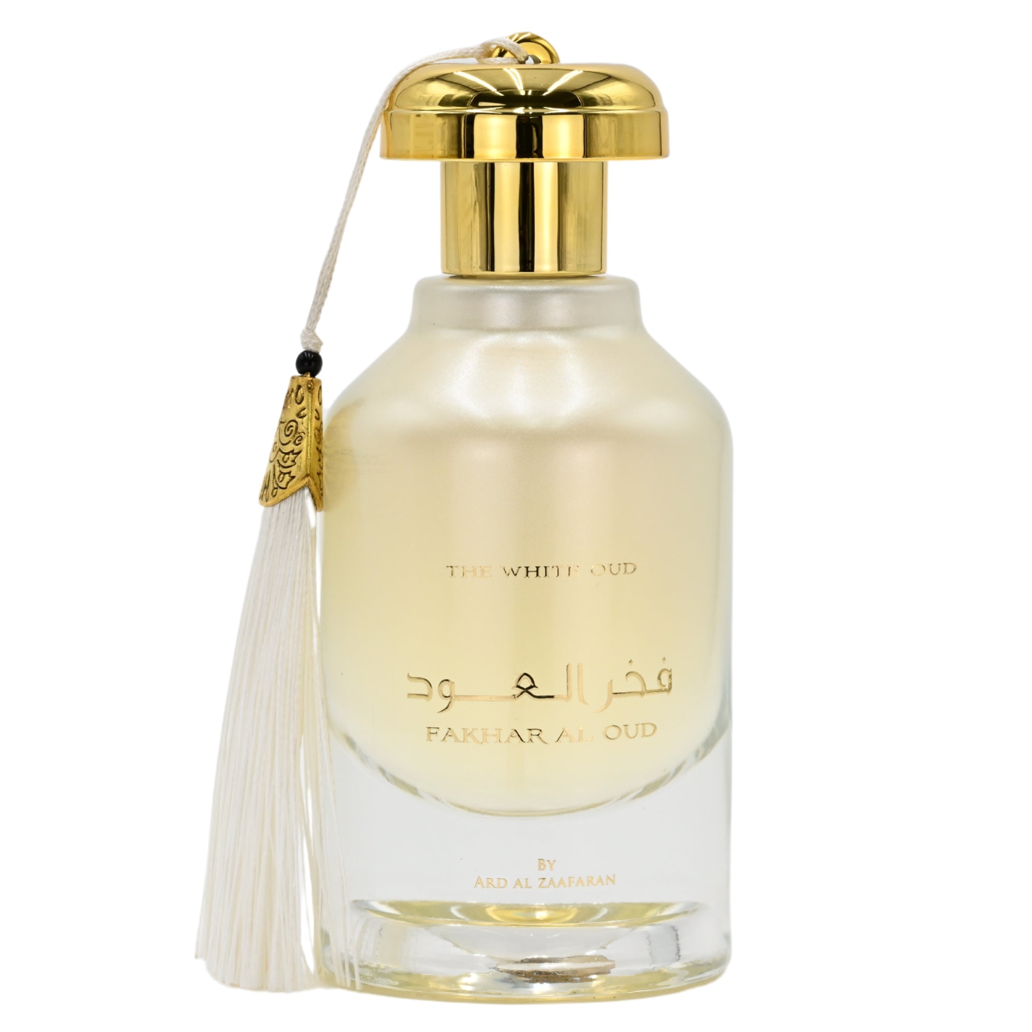 Perfume bottle with gold cap and tassel on a white background