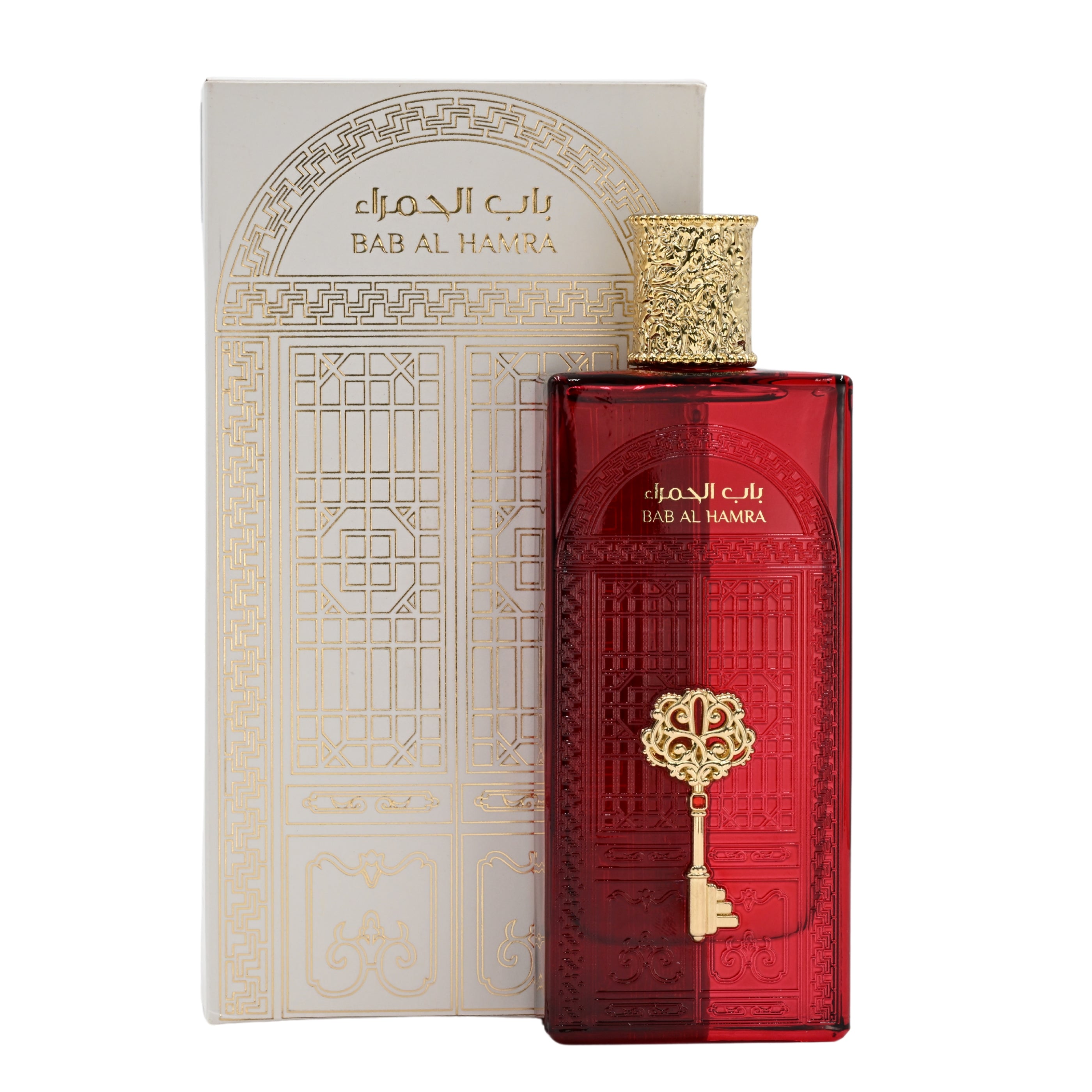 Red perfume bottle with gold accents and matching box labeled 'Bab Al Hamra' on a white background