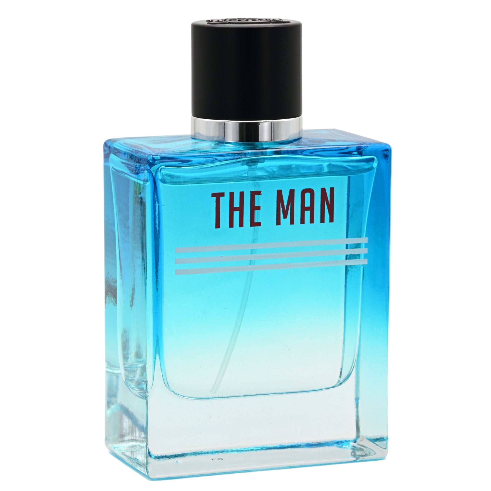 Blue perfume bottle labeled 'THE MAN' on a white background