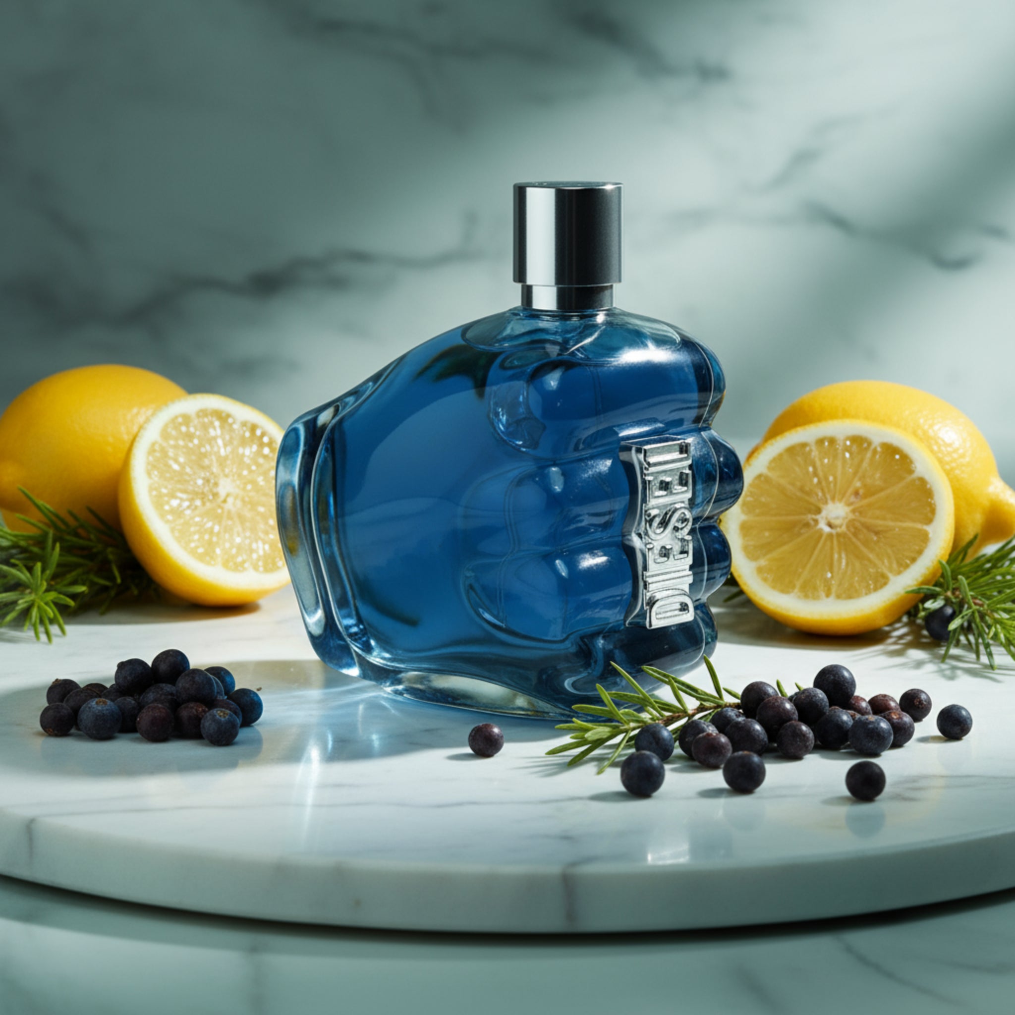 Blue skull-shaped perfume bottle with silver cap on a white background