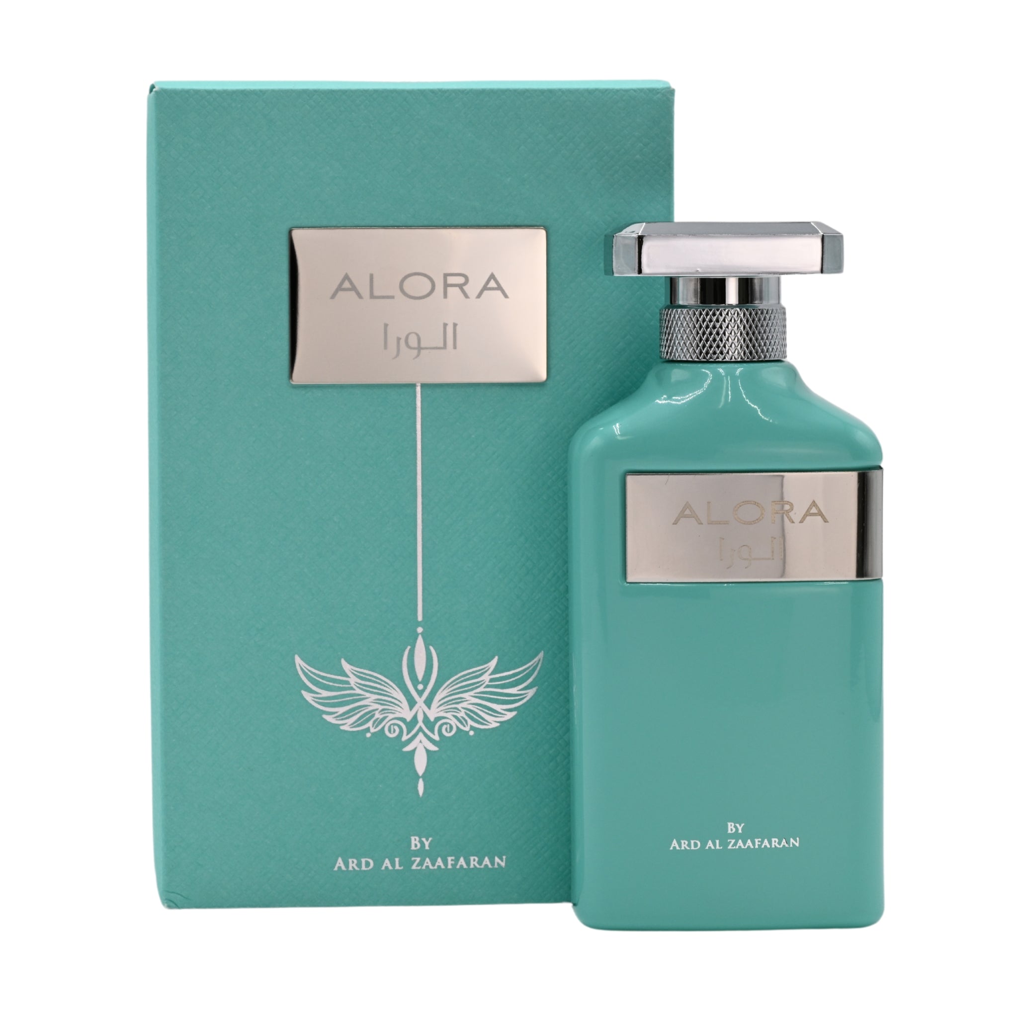 Teal perfume bottle and packaging with 'Alora' branding on a white background