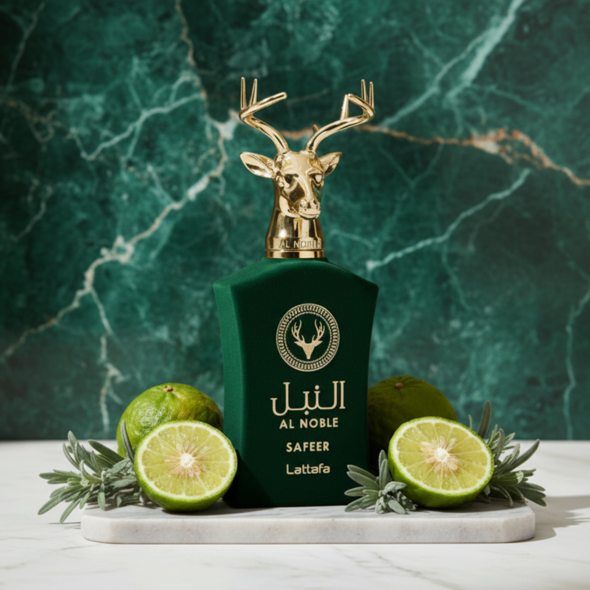 Green perfume bottle with gold deer head design on a white background