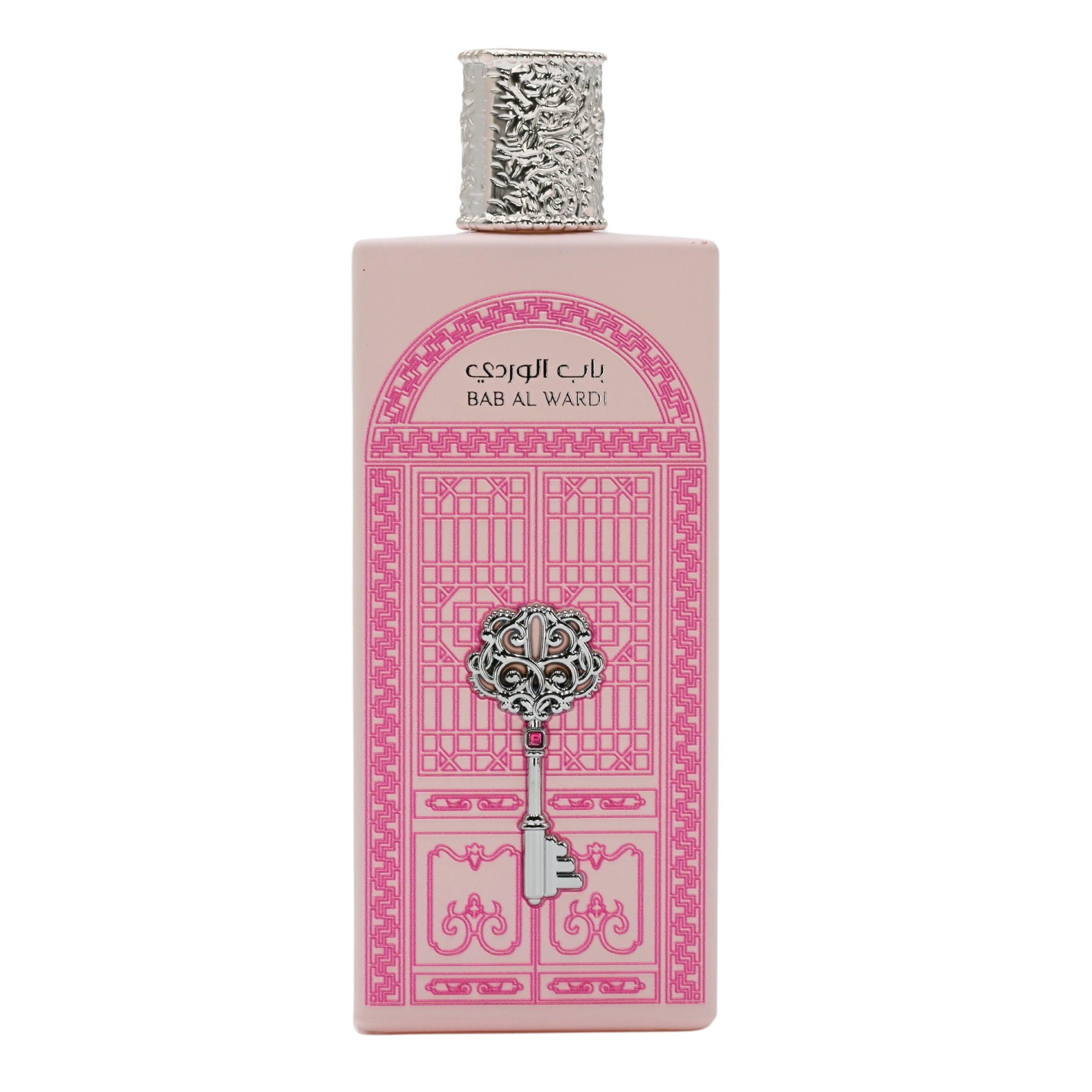 Perfume bottle with decorative pink label and silver cap on a white background