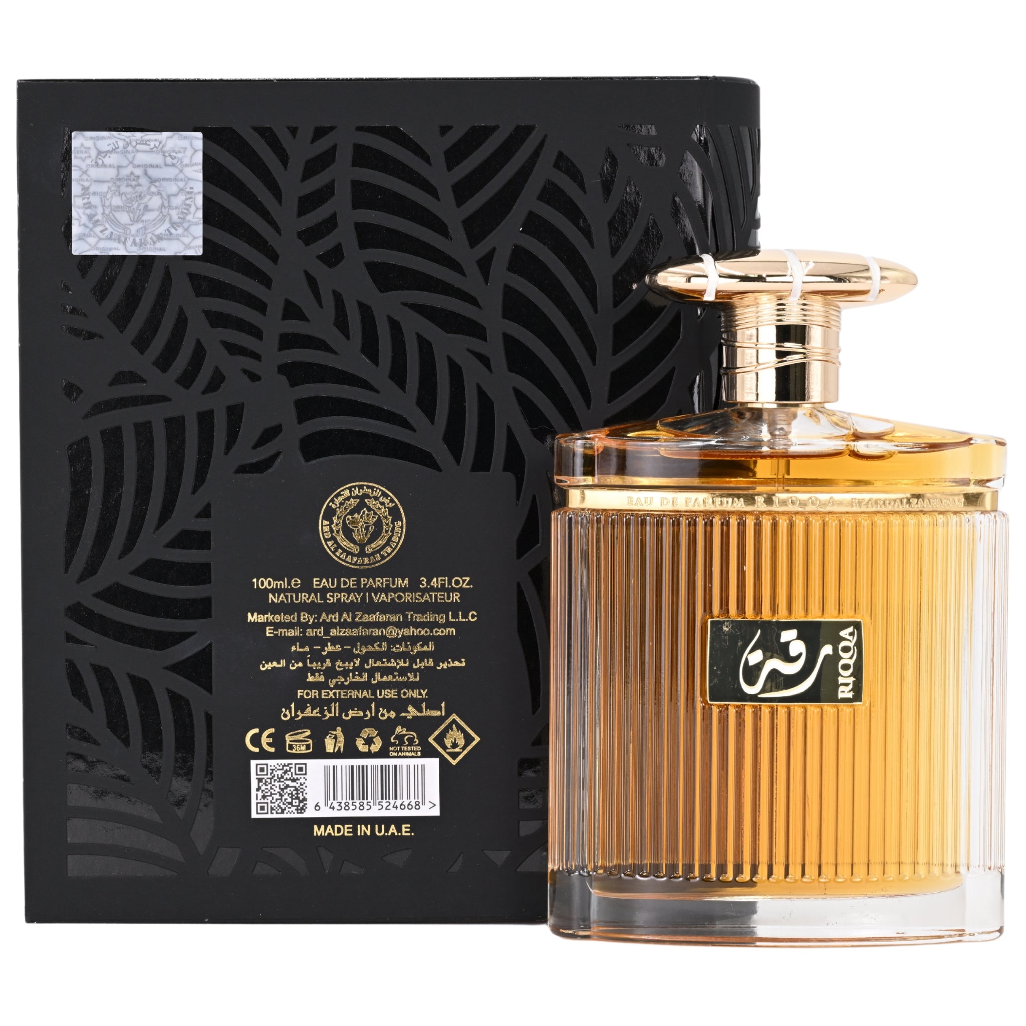 Perfume bottle with black packaging featuring brand logo and text.