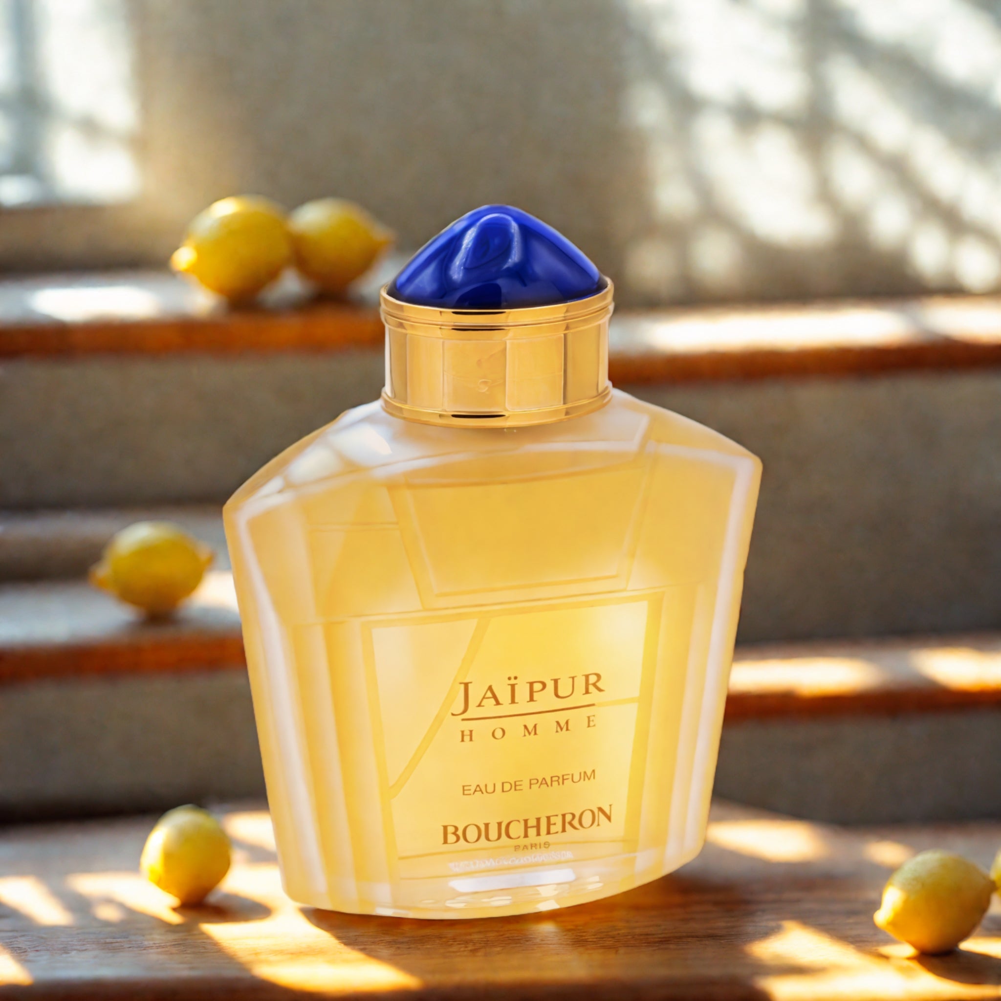Boucheron Jaipur Homme perfume bottle with blue cap on a wooden surface with lemons.