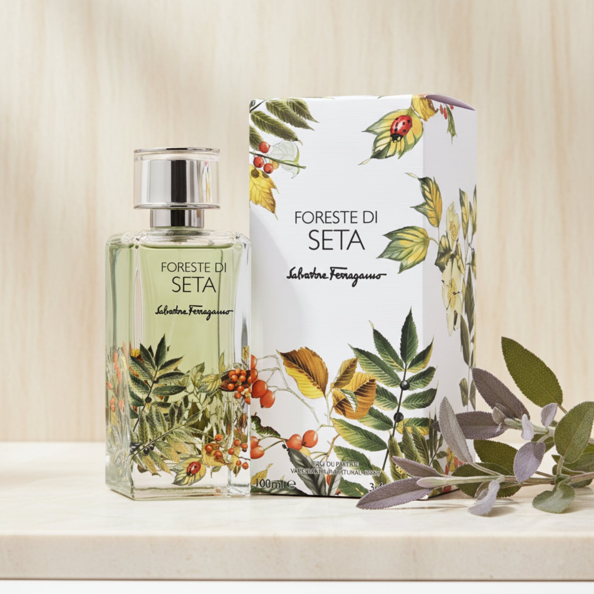 Perfume bottle and packaging of 'Foreste di Seta' by Salvatore Ferragamo on a white background
