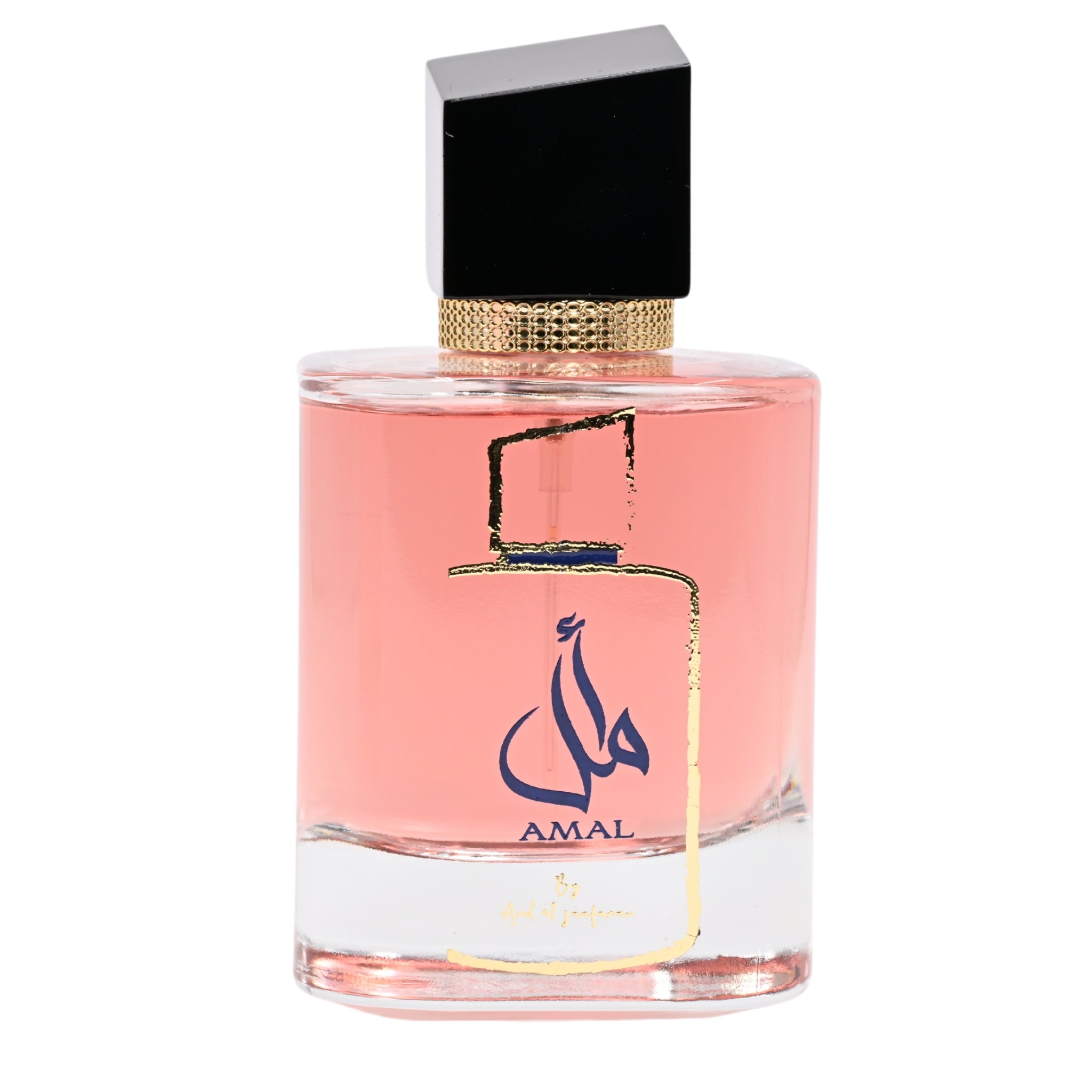 Perfume bottle with pink liquid and black cap on a white background
