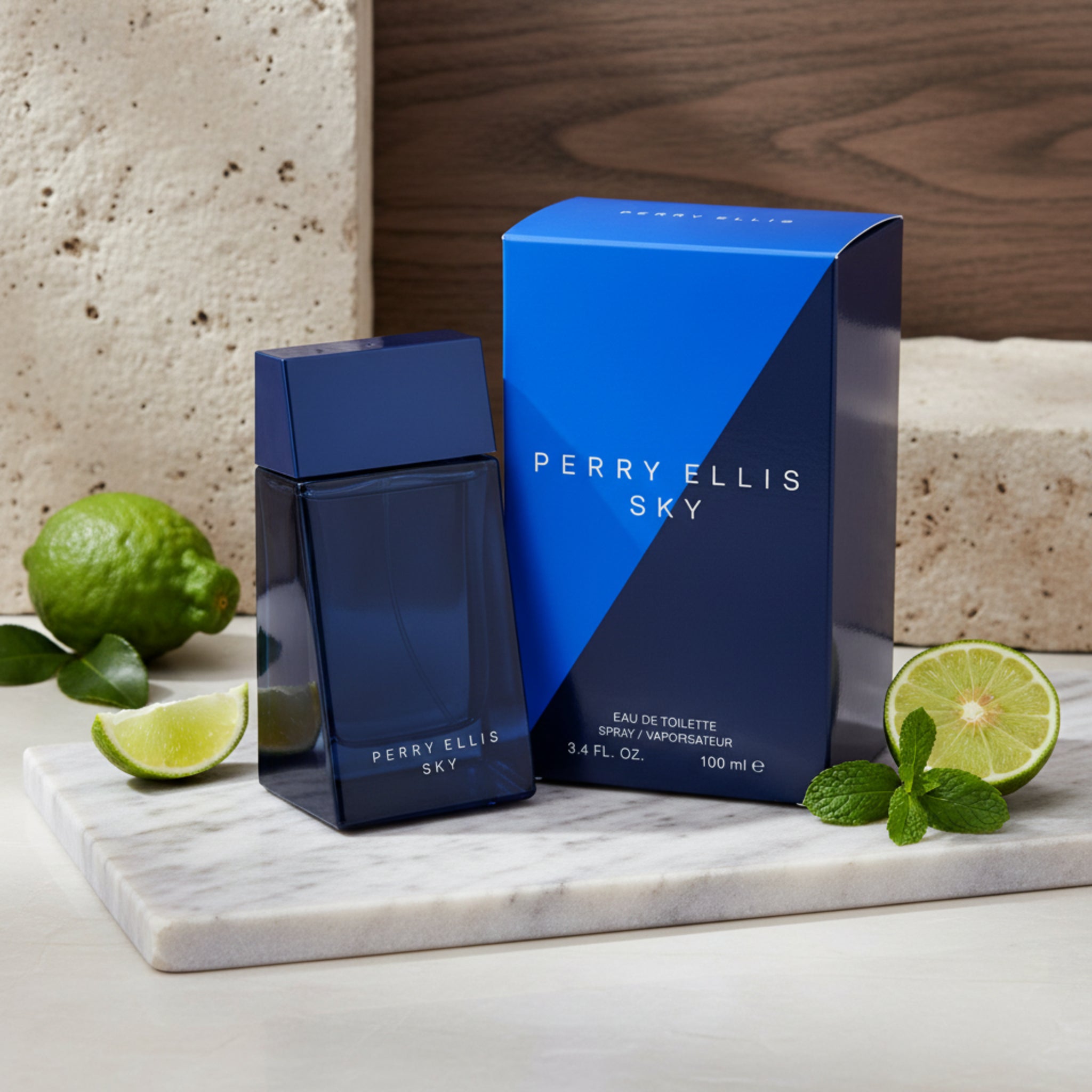 Perry Ellis Sky perfume bottle and packaging on a white background