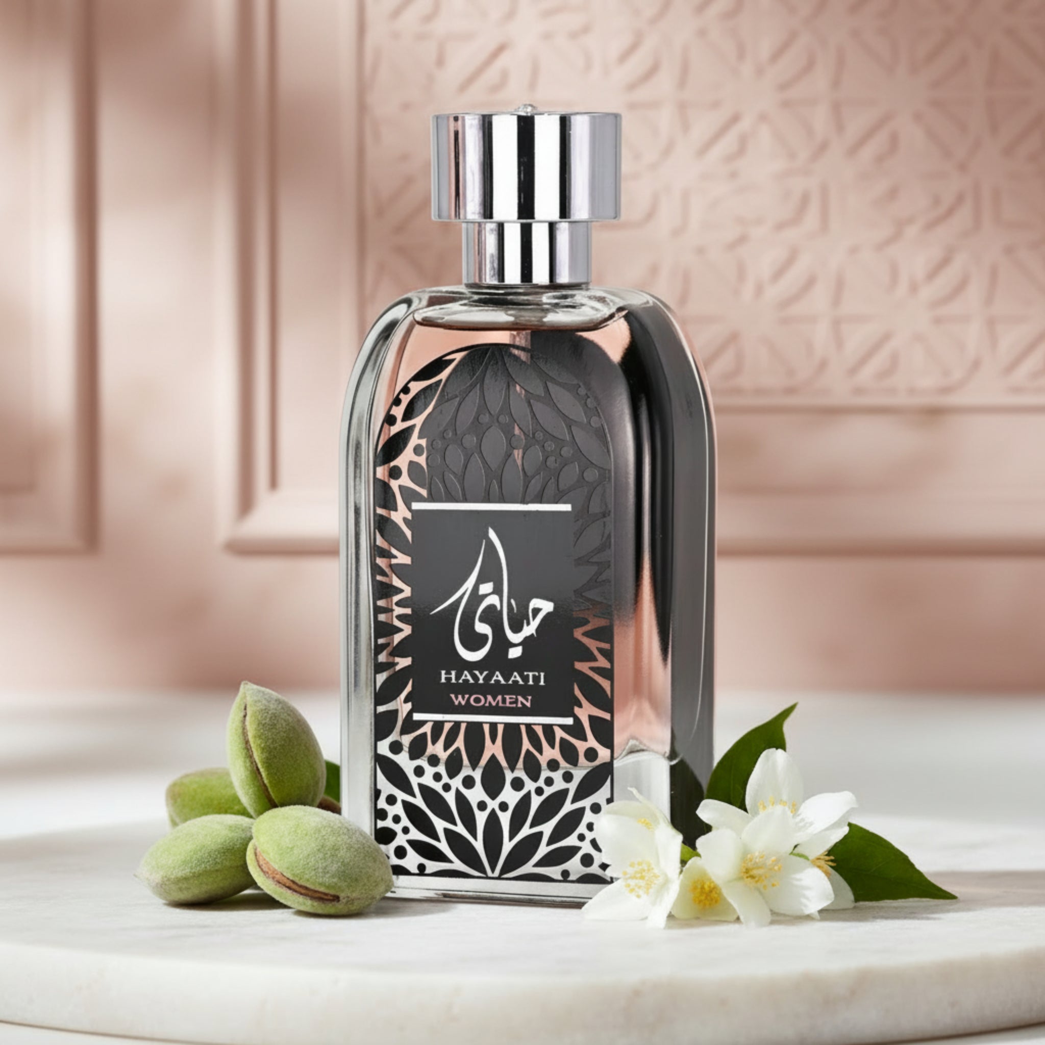 Perfume bottle with 'Hayaati' branding on a white background