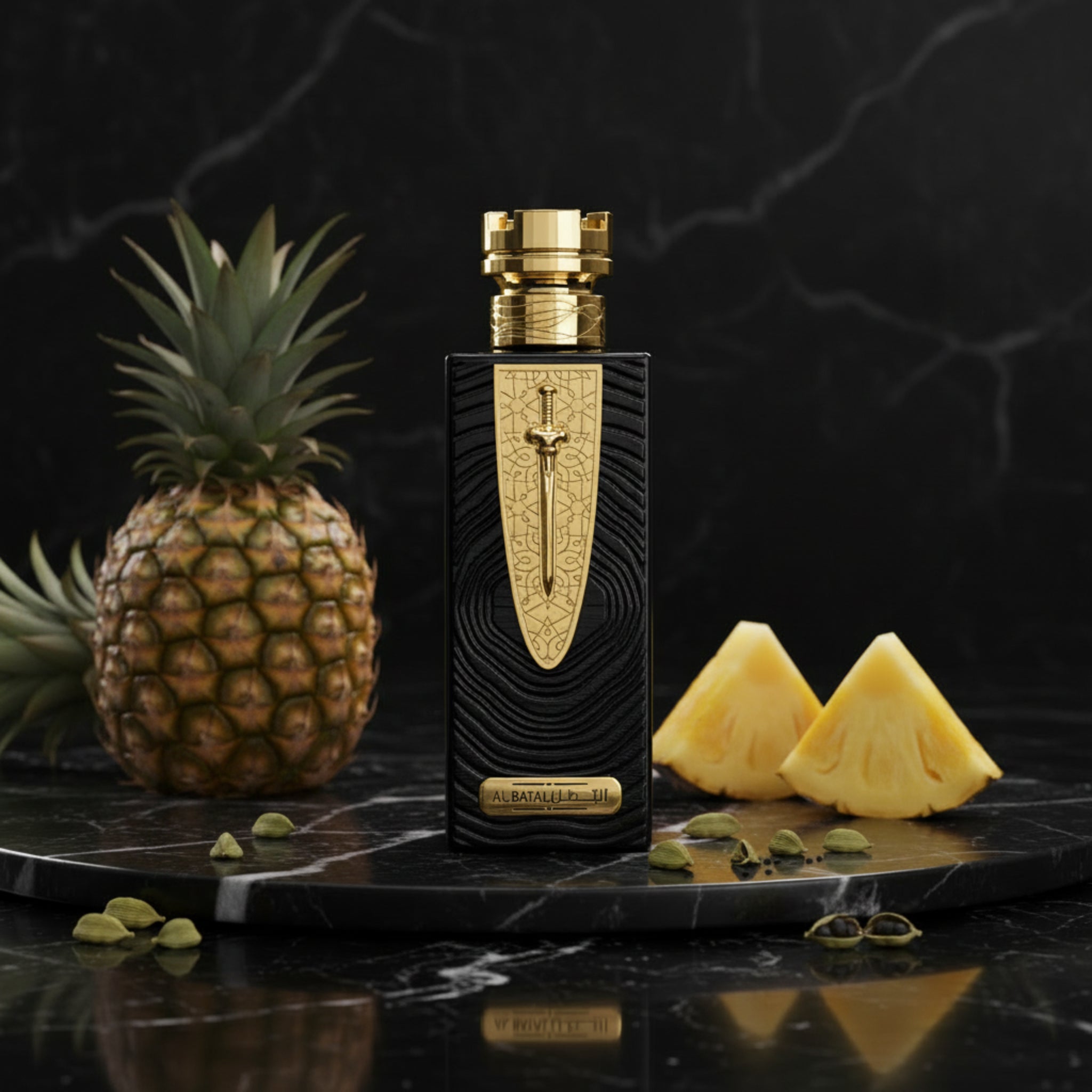 Black and gold perfume bottle with intricate design on a white background