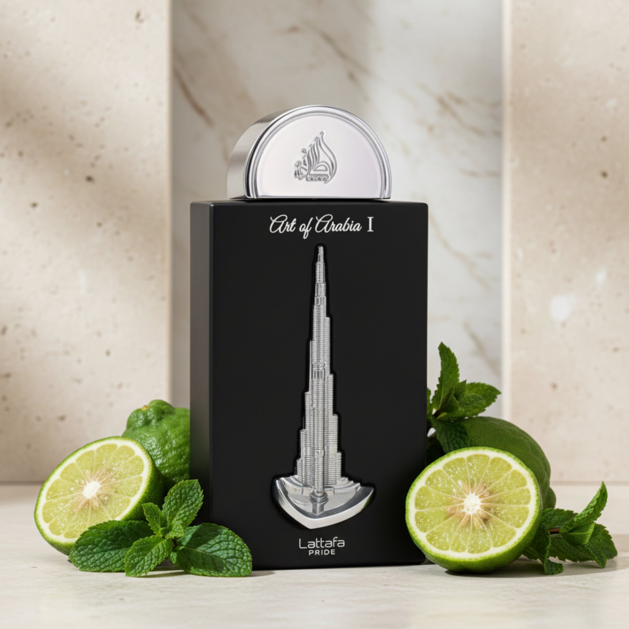 Silver coin with Burj Khalifa design on a black card, featuring Lattafa branding.