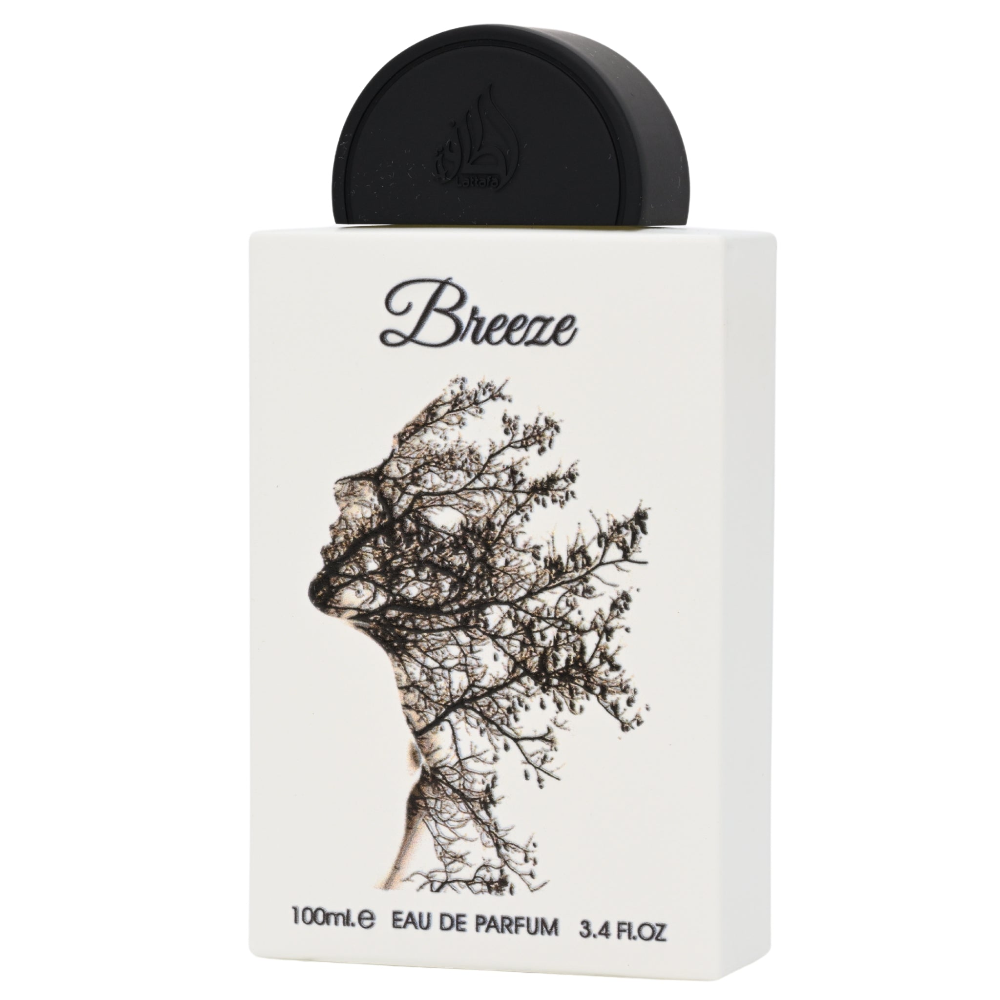 Perfume bottle labeled 'Breeze' with a black and white design on a white background