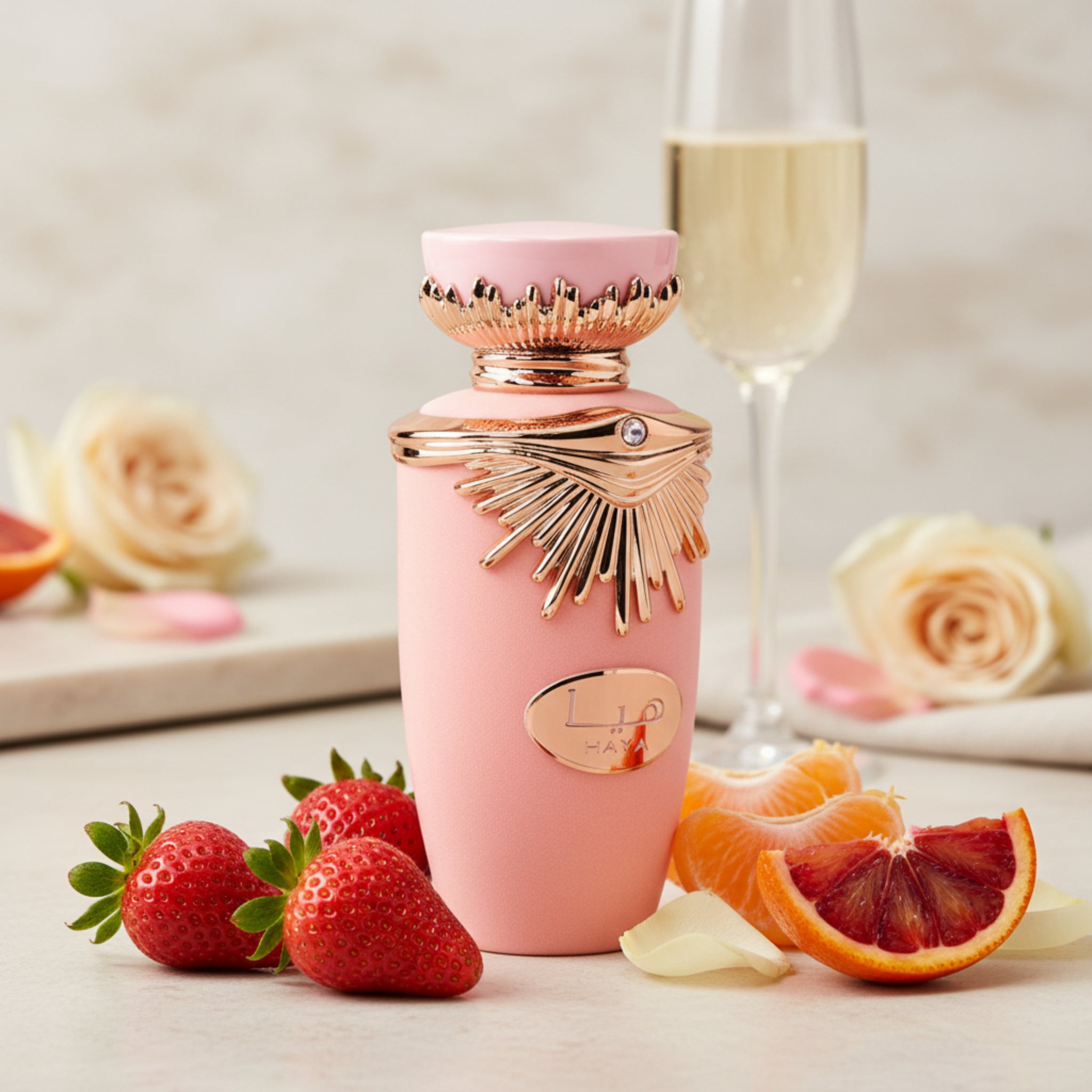 Pink perfume bottle with gold accents on a white background