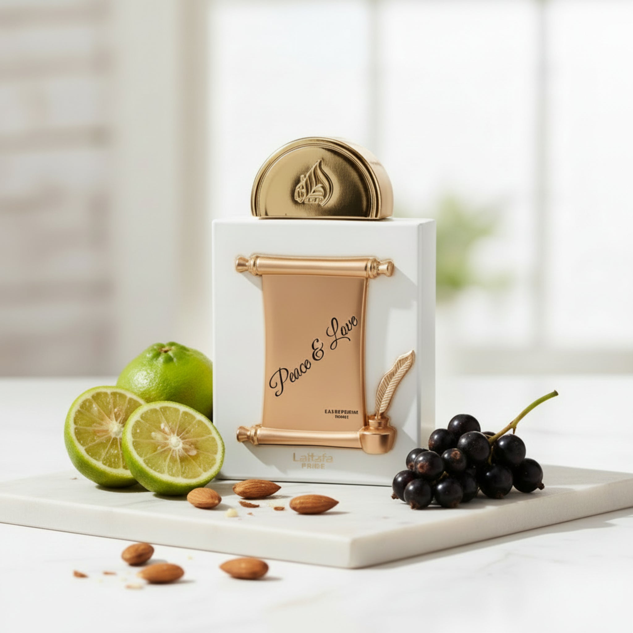 Perfume bottle with gold cap and decorative design on a white background