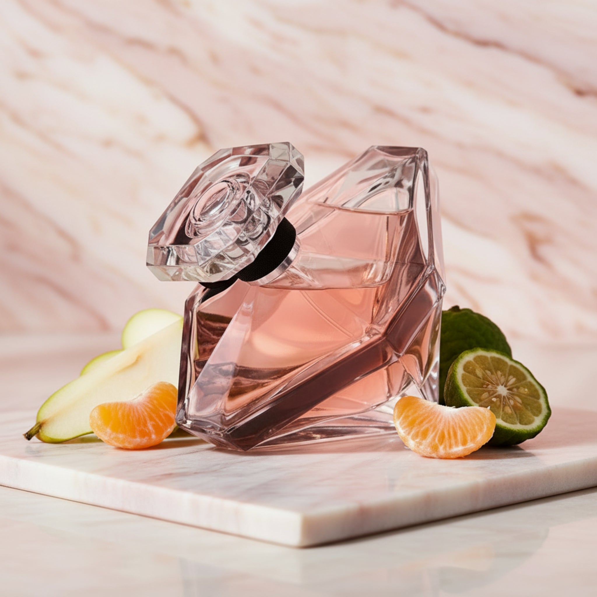 Pink perfume bottle with a clear cap on a white background