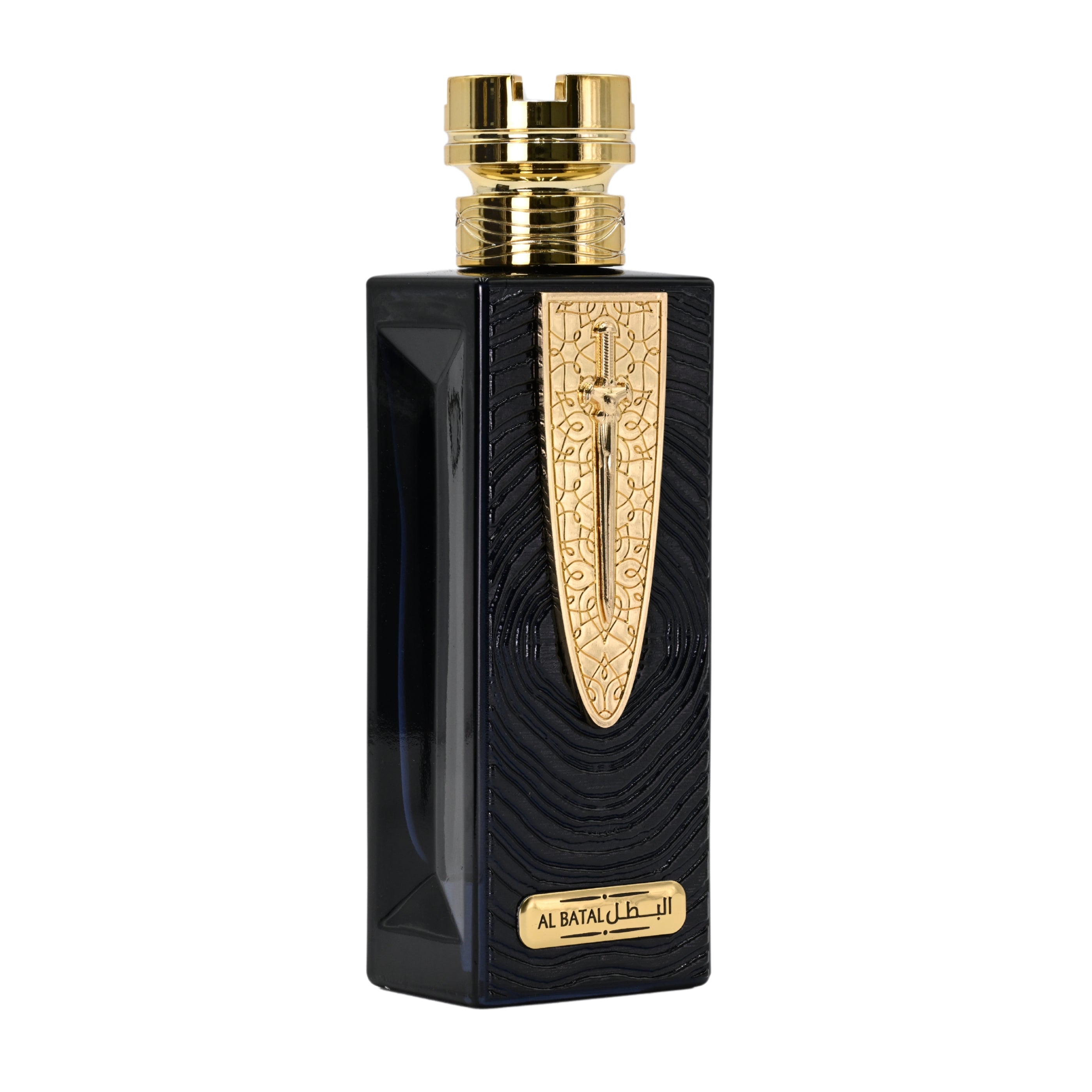 Black and gold perfume bottle with 'Al Bataal' branding on a white background