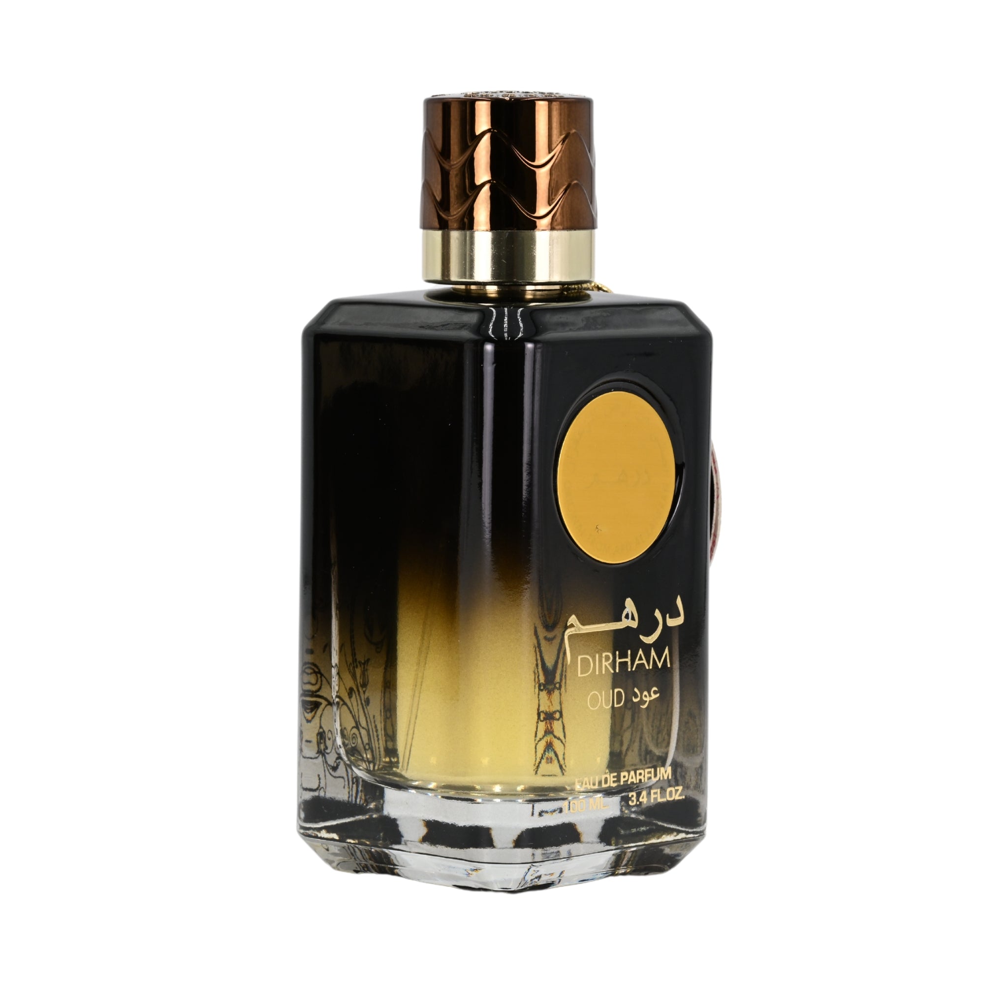 Perfume bottle with gold cap and black and gold label on a white background