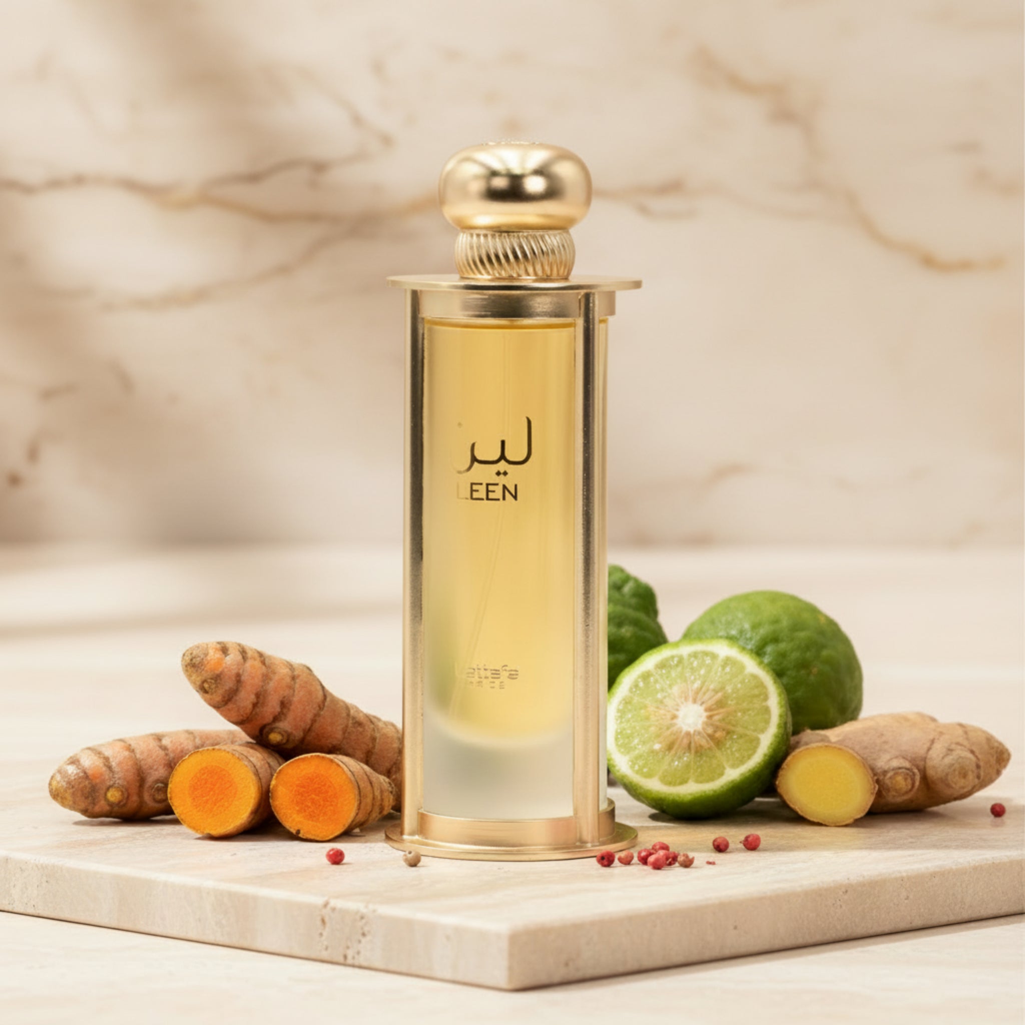 Perfume bottle labeled 'Leen' on a white background