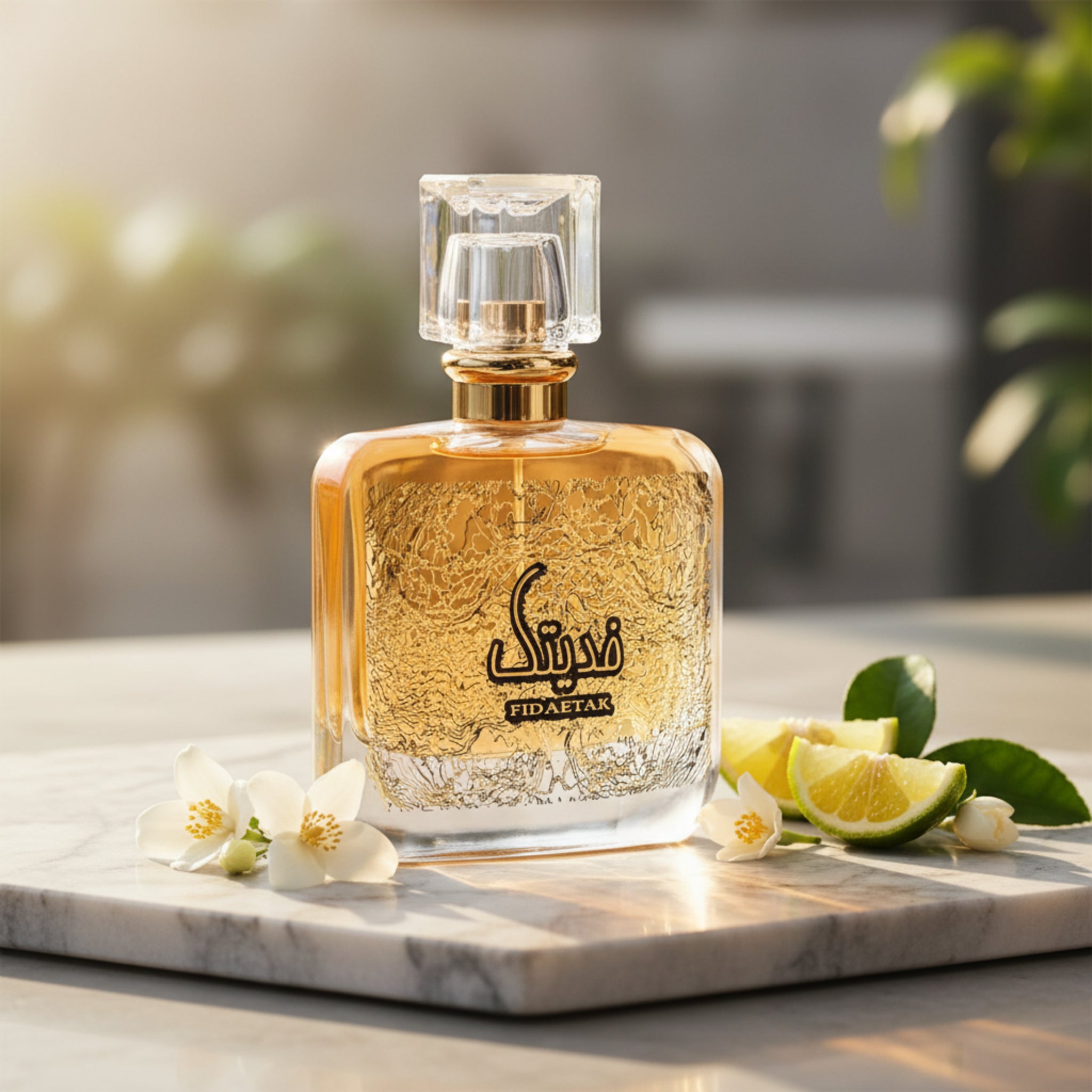 Perfume bottle with gold and clear design on a white background